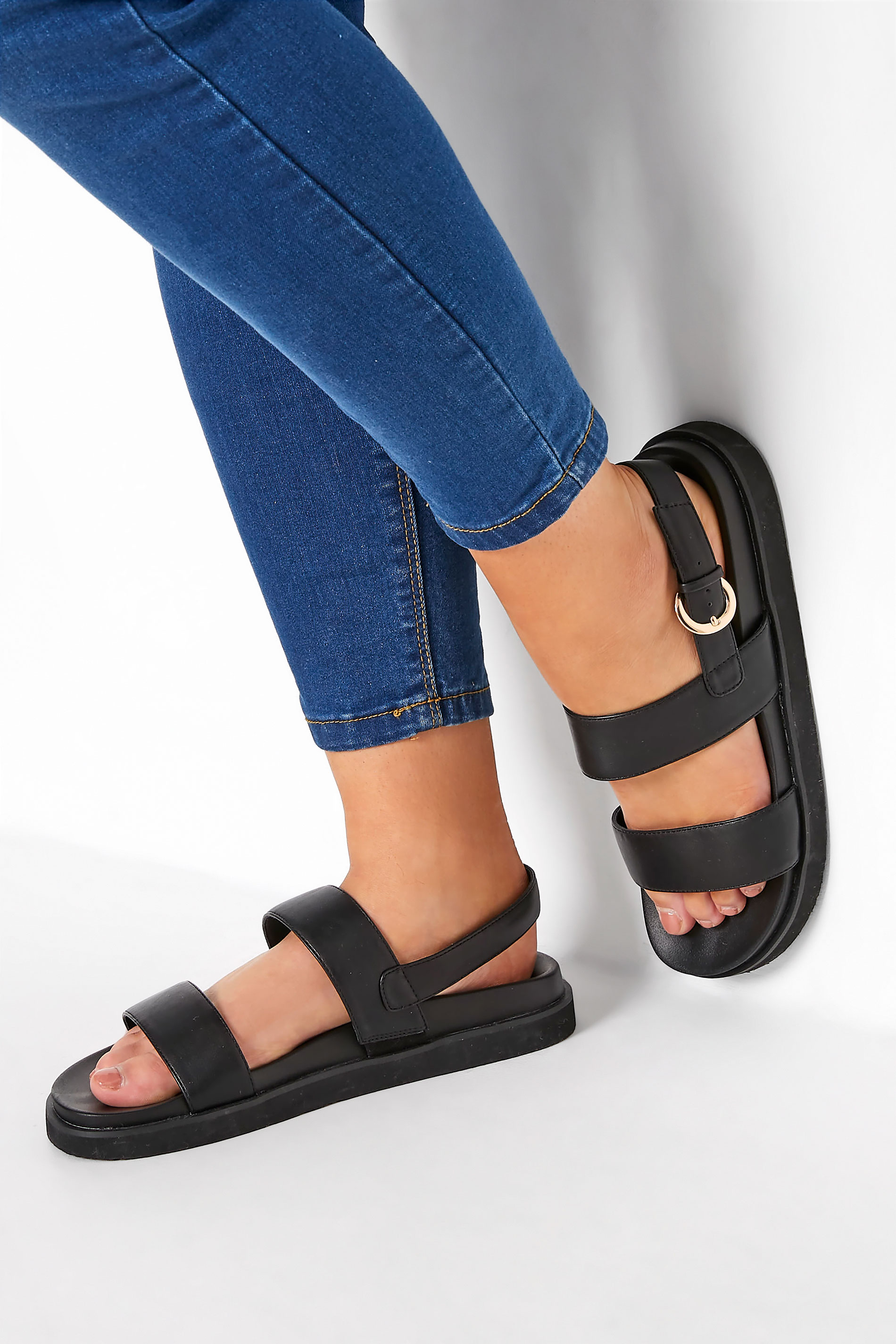 LIMITED COLLECTION Black Double Strap Chunky Sandals In Extra Wide EEE Fit 1