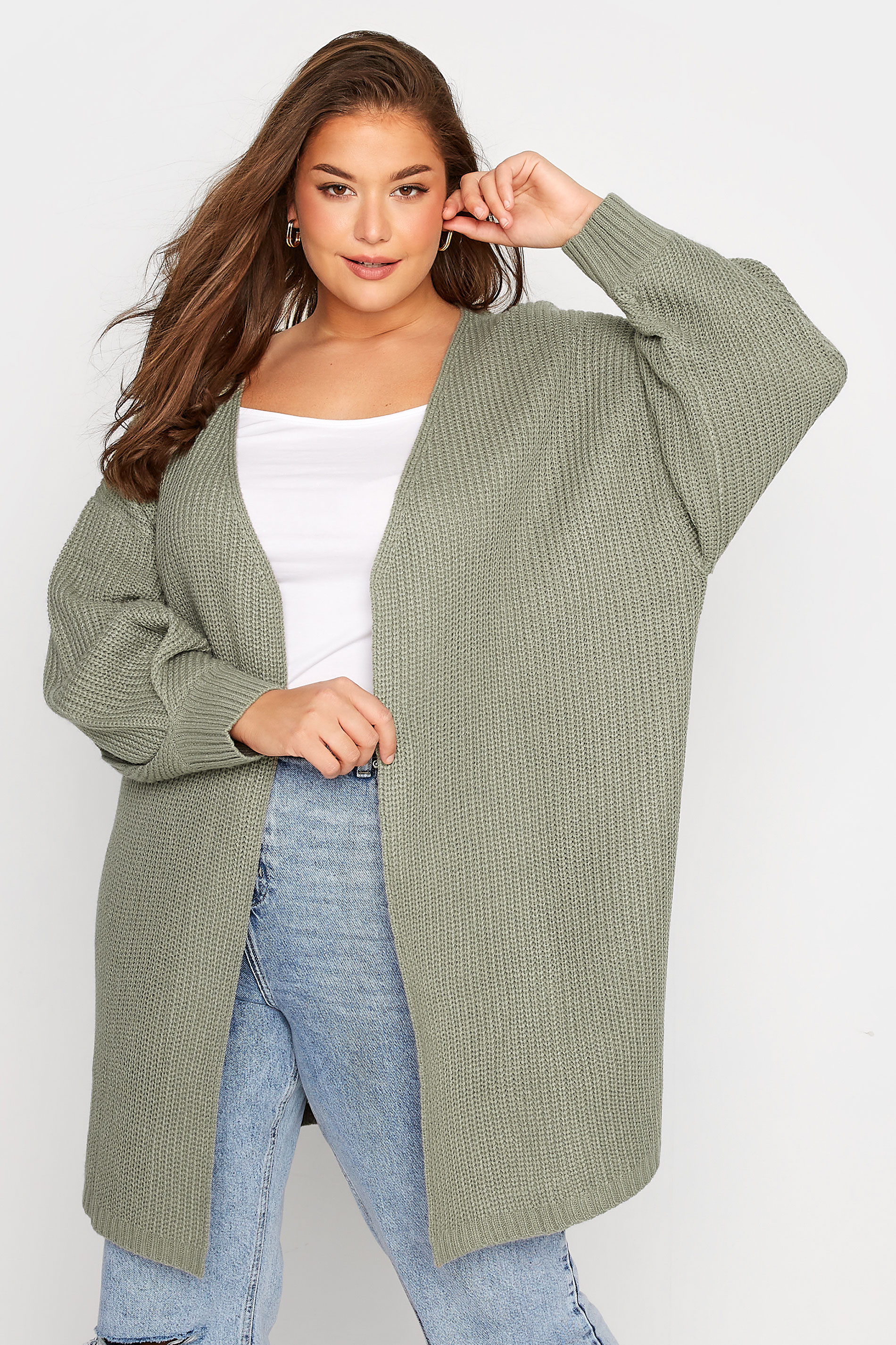 Curve Sage Green Pleat Sleeve Knitted Cardigan_A.jpg