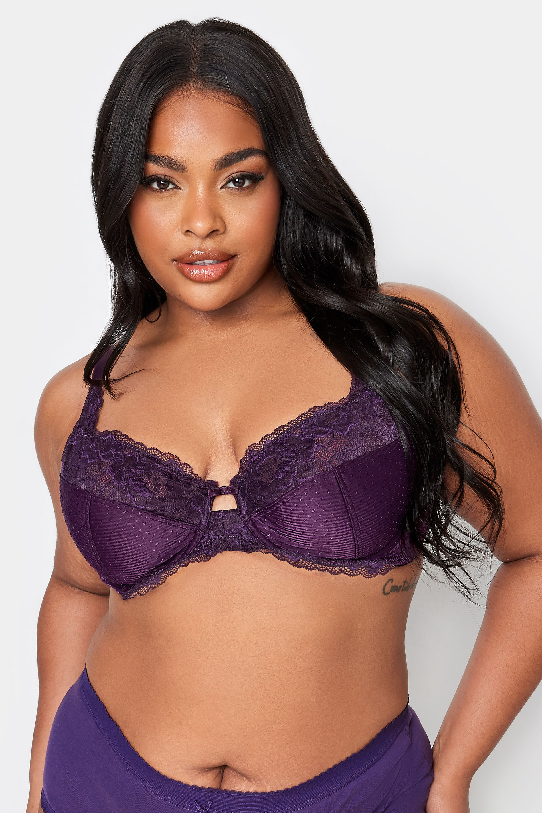 YOURS Plus Size Purple Lace Trim Non-Padded Underwired Bra | Yours Clothing 1