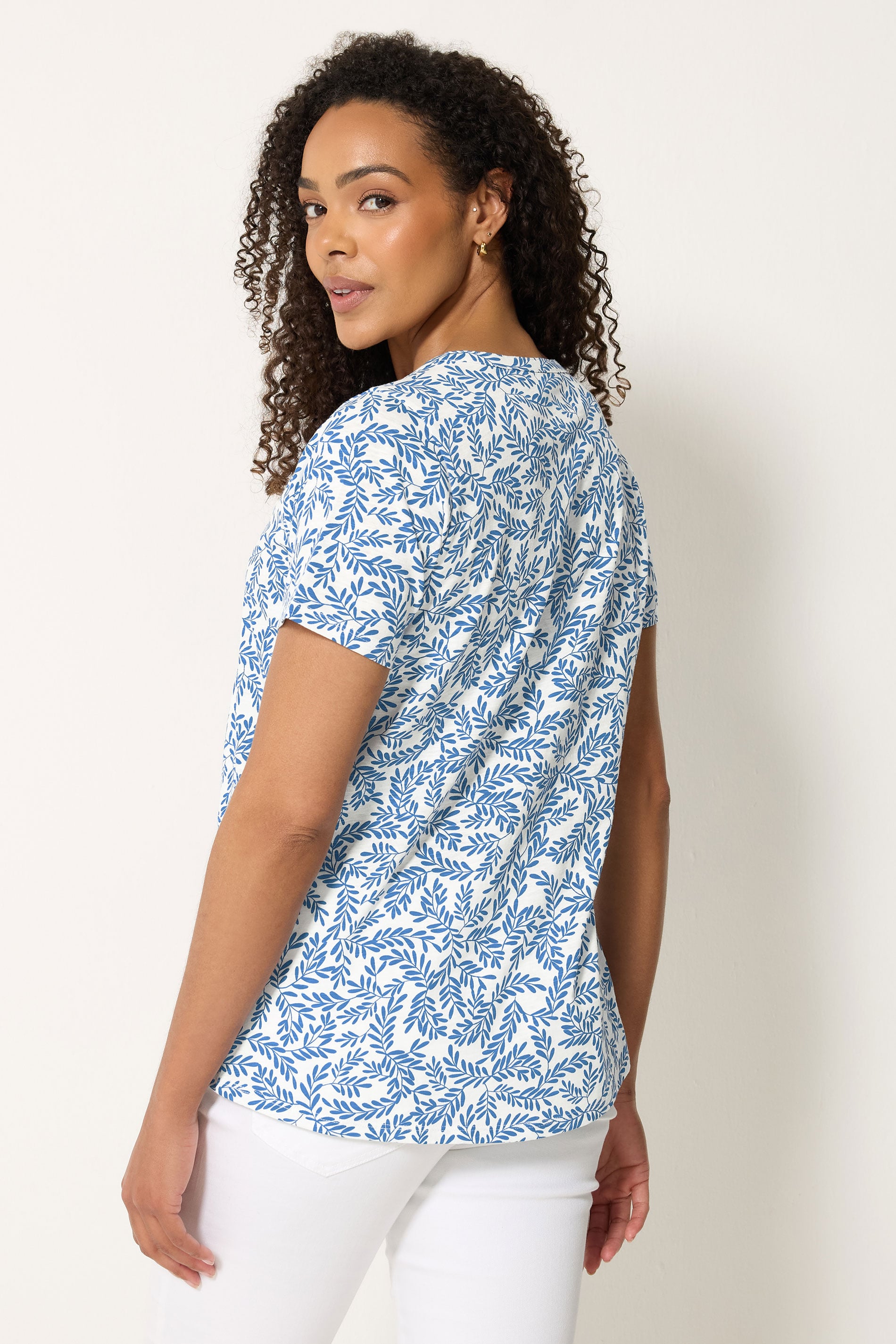 M&Co Blue & White Leaf Print Cotton Henley Top | M&Co 2