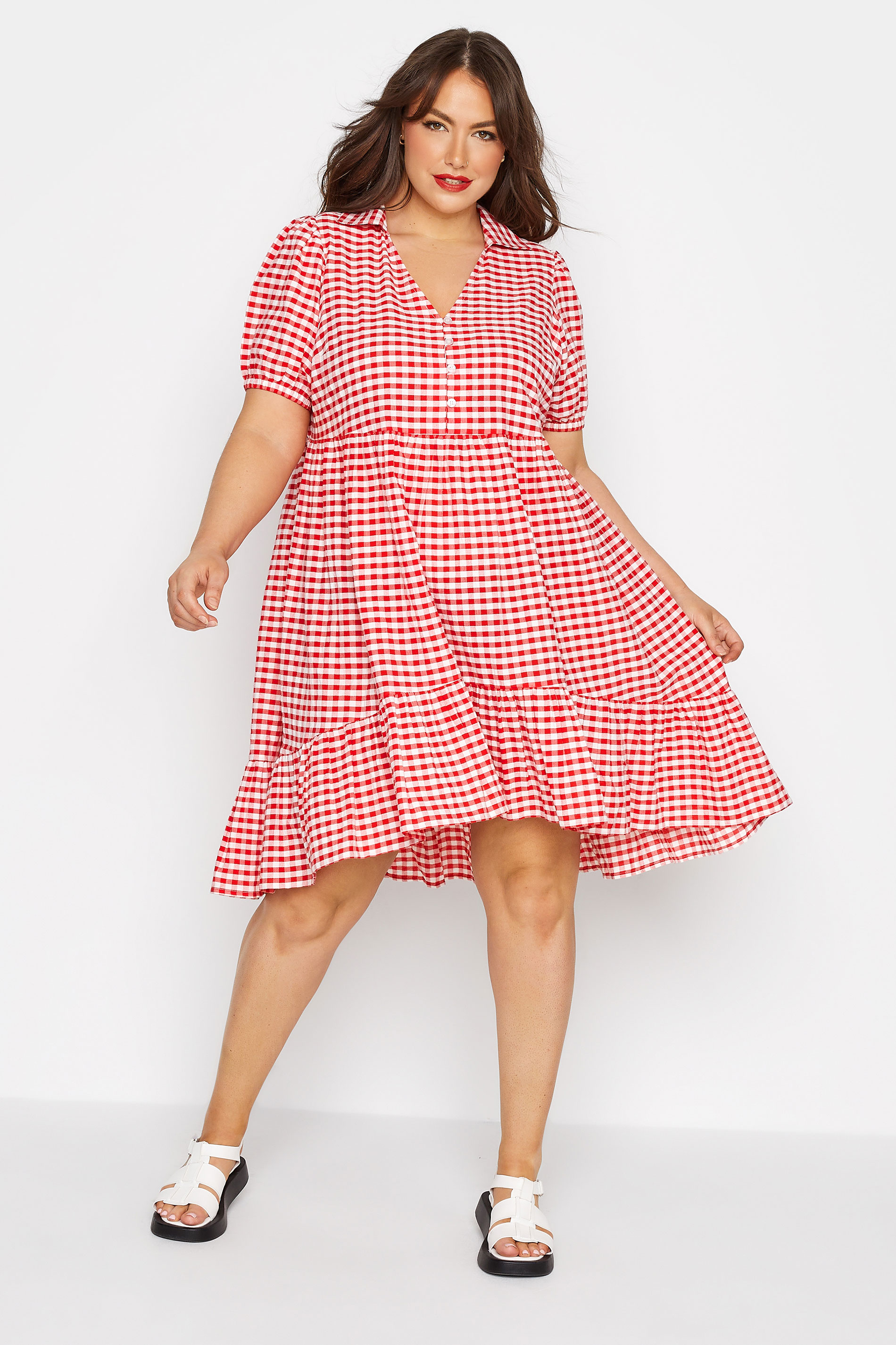 LIMITED COLLECTION Curve Red Gingham Dipped Hem Smock Dress_A.jpg
