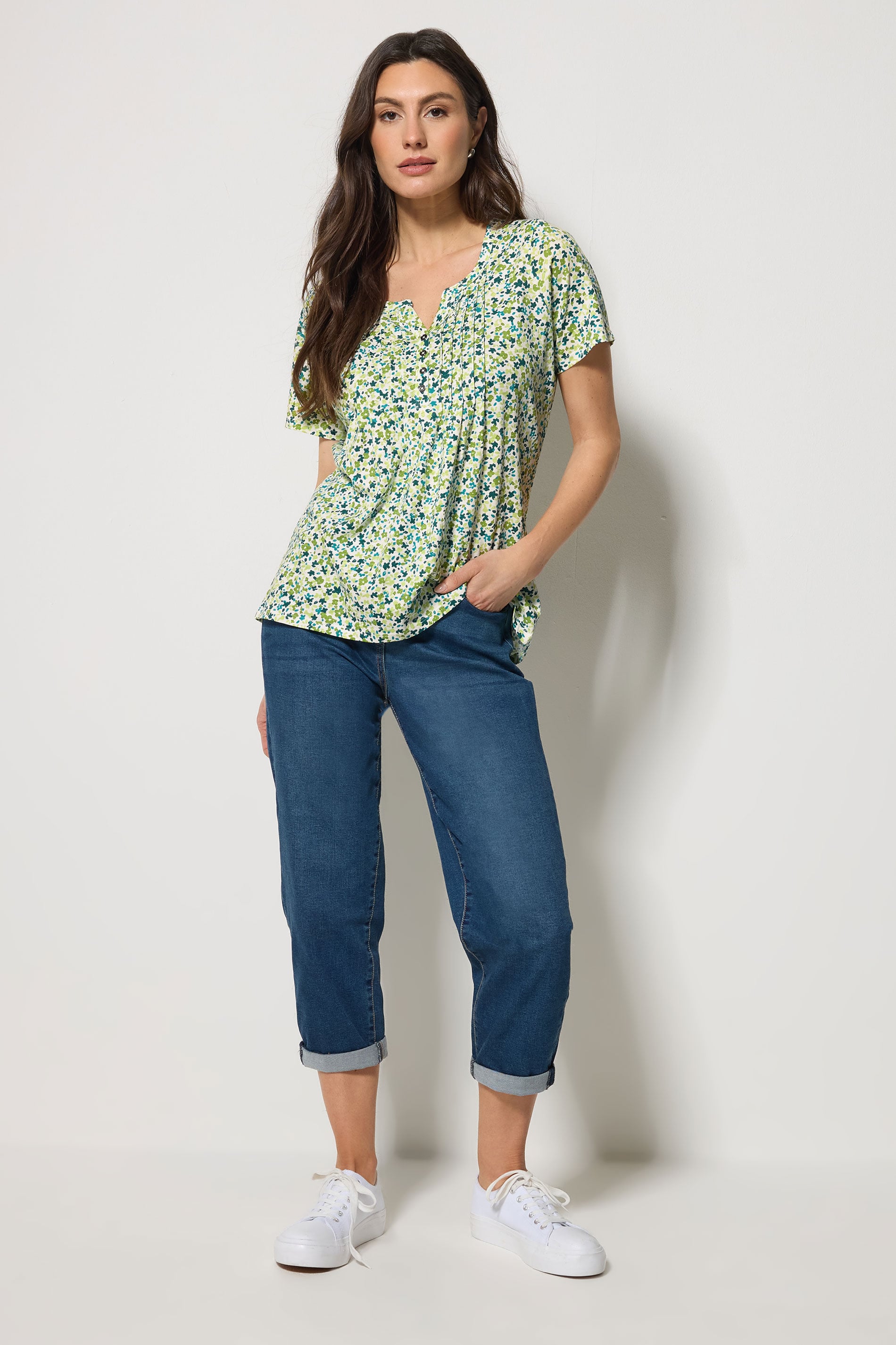 M&Co Green Ditsy Floral Cotton Henley Top | M&Co 1