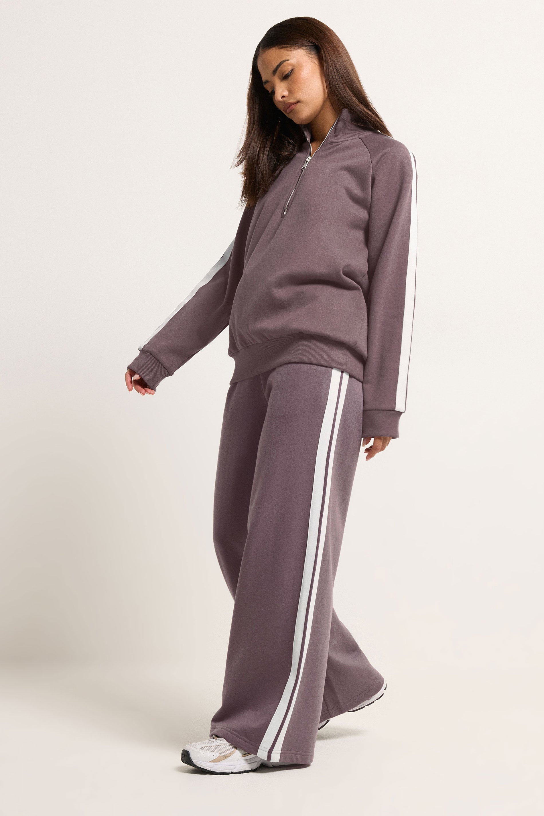 PixieGirl Petite Women's Plum Purple Side Stripe Wide Leg Joggers | PixieGirl 1