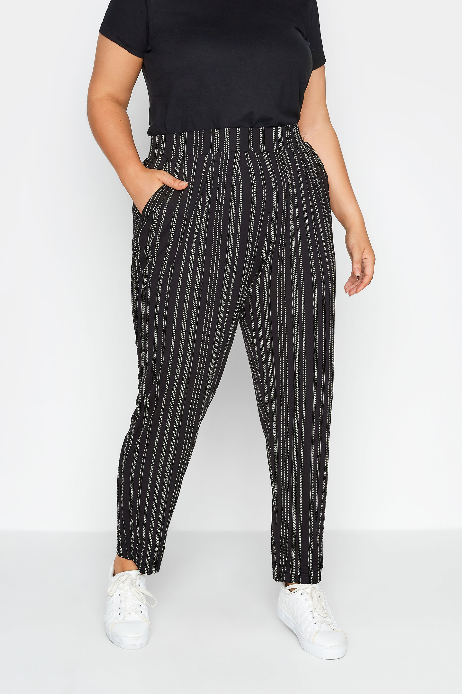 Plus Size Black Stripe Print Trousers | Yours Clothing 1