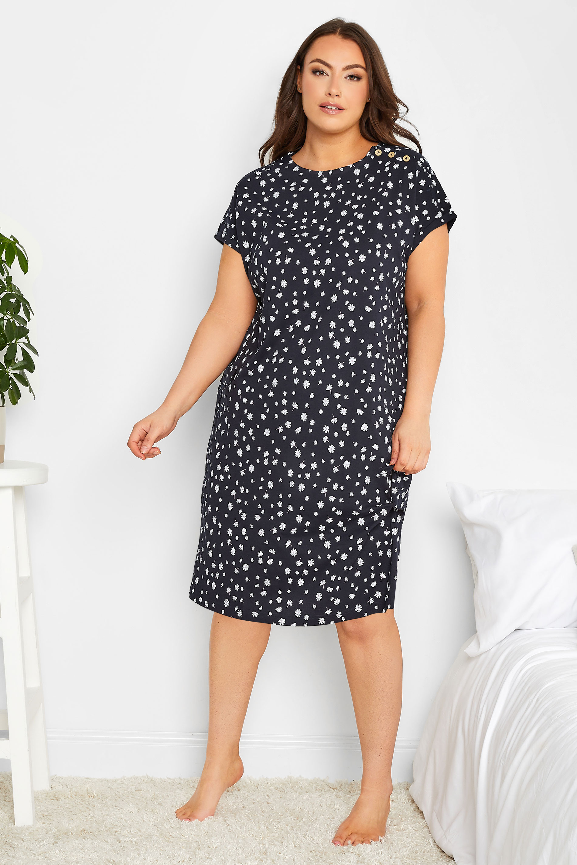 YOURS Plus Size Navy Blue Daisy Print Button Nightdress | Yours Clothing 1