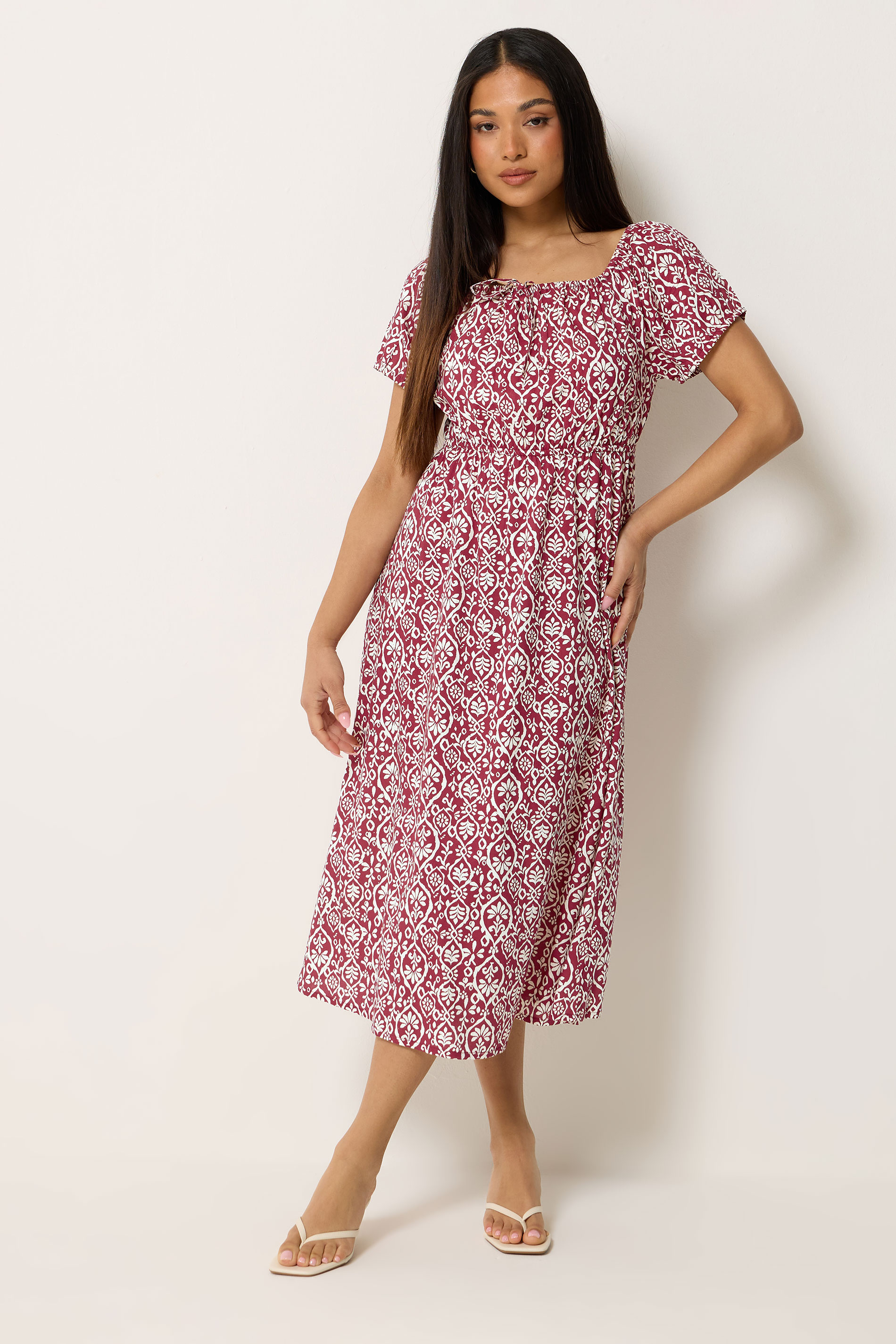 M&Co Petite Red Abstract Tie Neck Midi Dress | M&Co 1