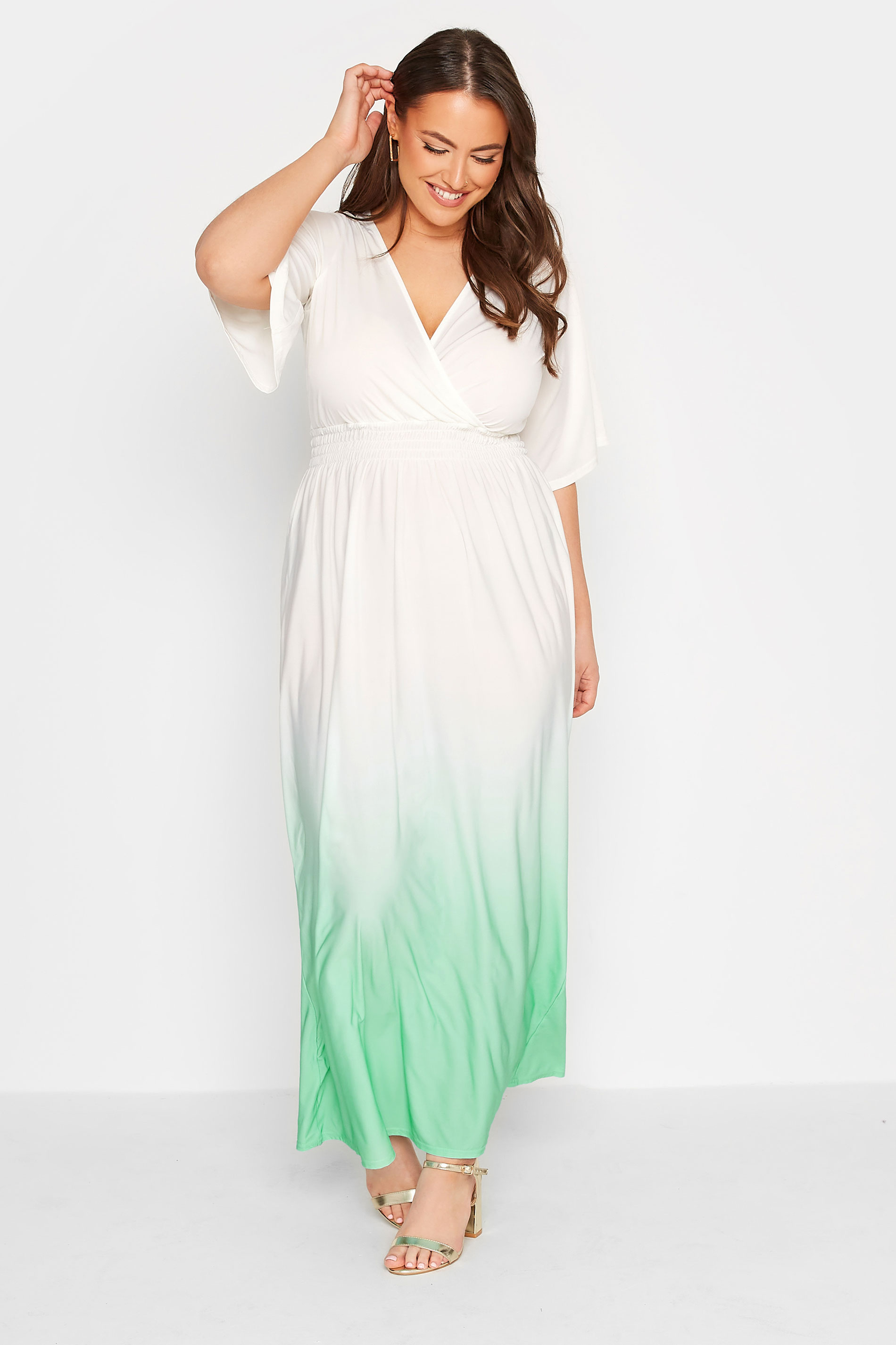 YOURS LONDON Curve White & Green Ombre Shirred Waist Maxi Dress 1