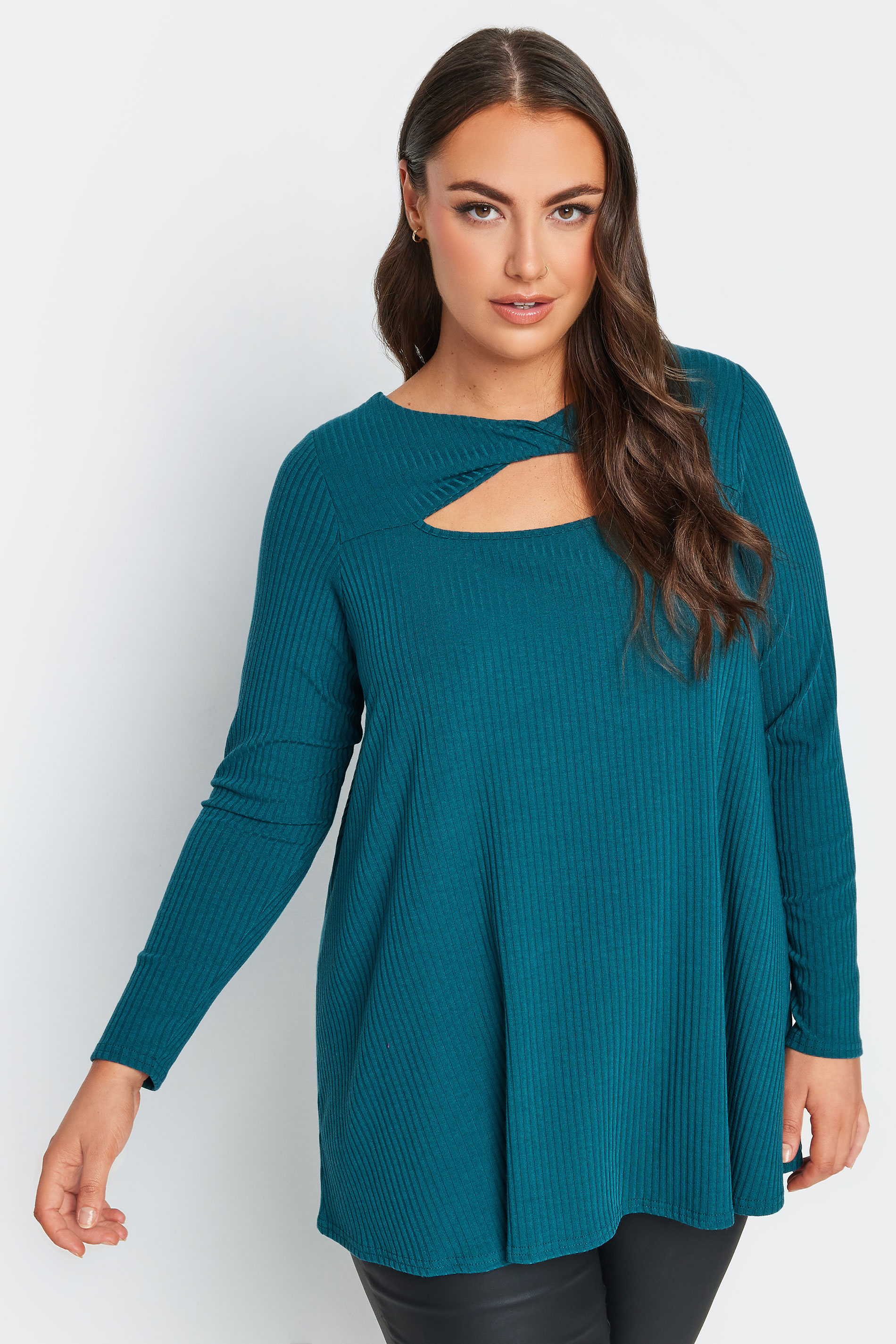 YOURS Plus Size Teal Blue Twisted Front Ribbed Top | Yours Clothing 1