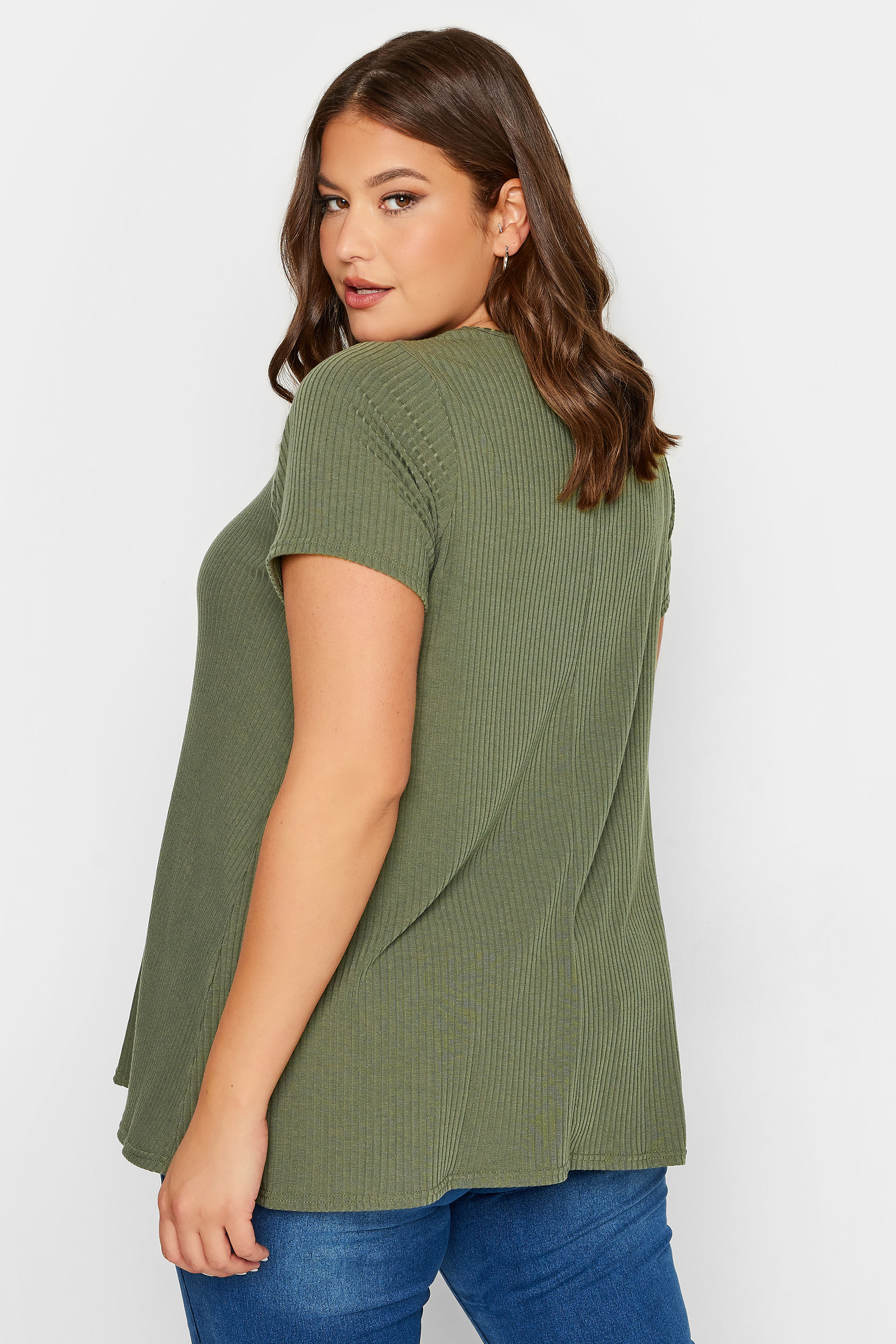 YOURS Curve Plus Size Khaki Green Ribbed Swing T-Shirt | Yours Clothing  3
