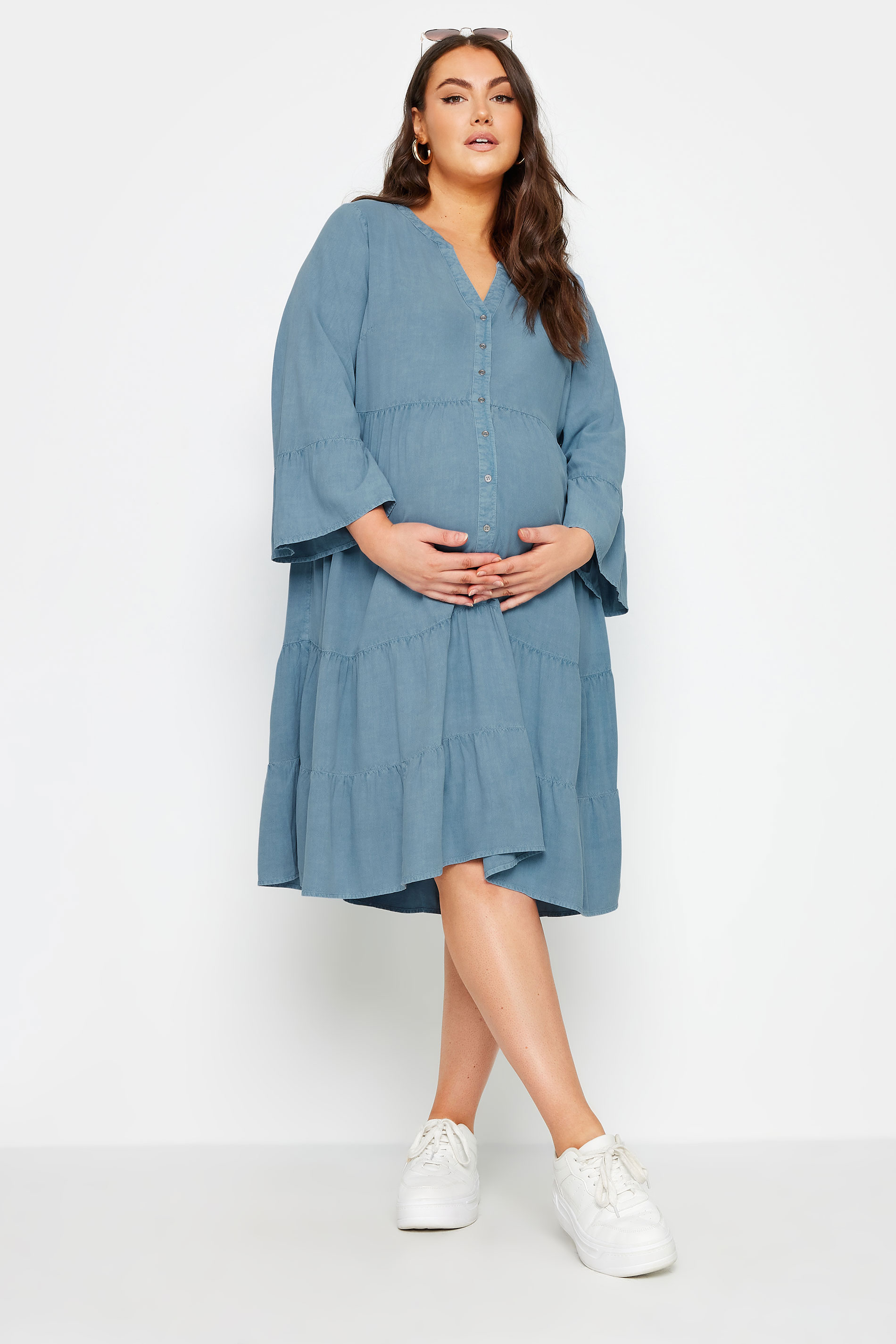 BUMP IT UP MATERNITY Plus Size Blue Tiered Midi Dress | Yours Clothing 3