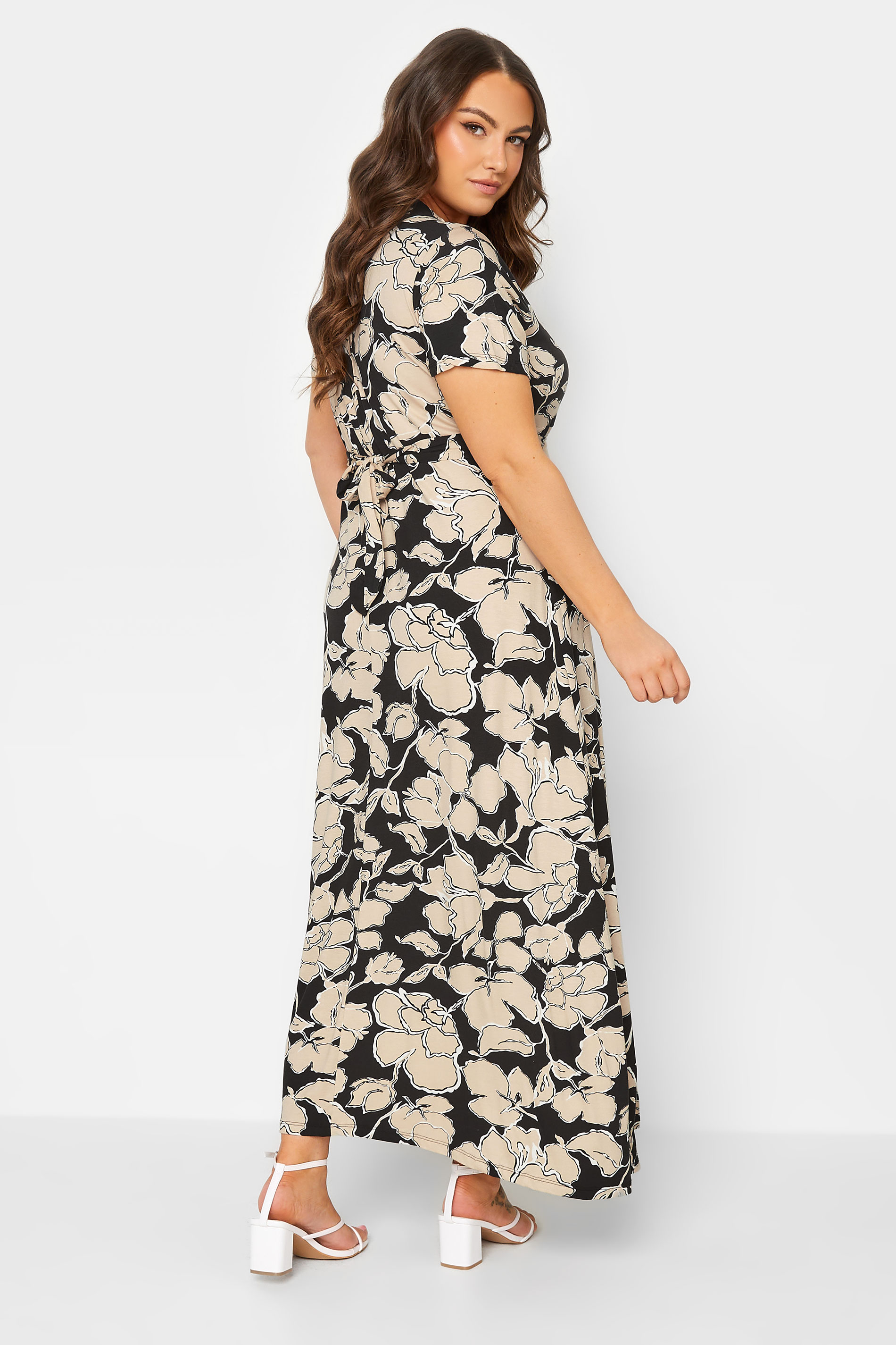 YOURS Plus Size Black & Beige Brown Floral Wrap Front Tie Maxi Dress | Yours Clothing 3
