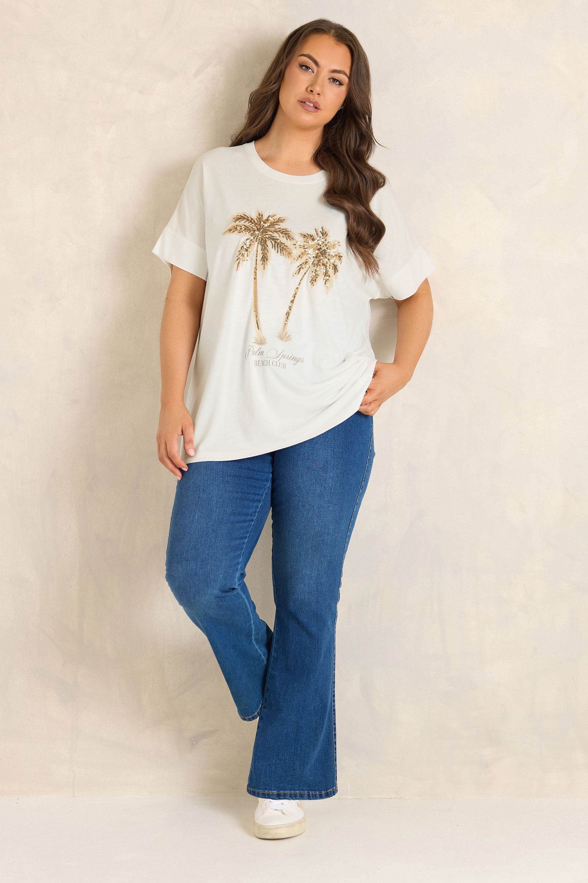 EVANS Plus Size White Sequin Embellished Palm Trees Graphic T-Shirt | Evans  1