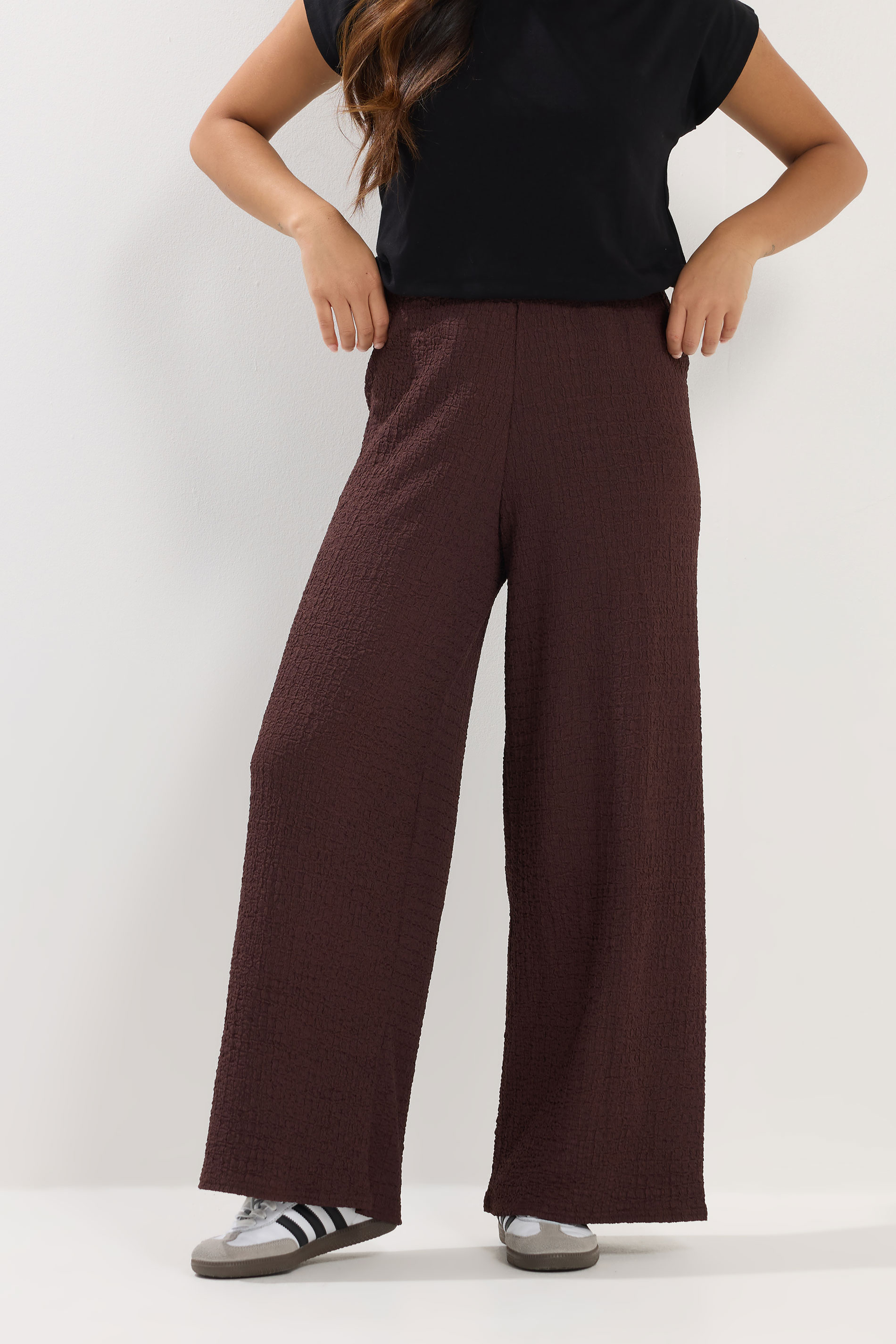 PixieGirl Petite Women's Chocolate Brown Textured Wide Leg Trousers | PixieGirl 1