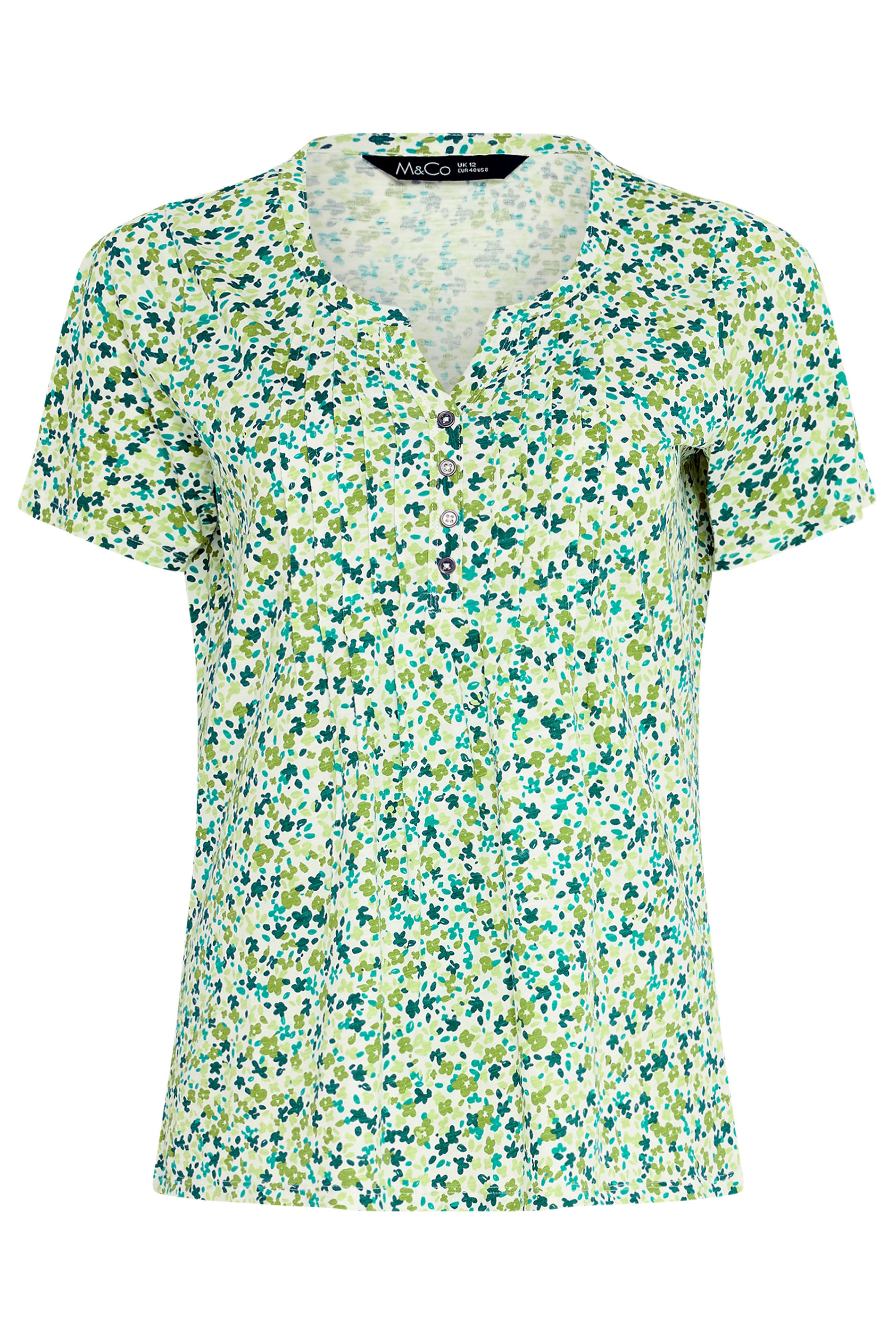 M&Co Green Ditsy Floral Cotton Henley Top | M&Co 5