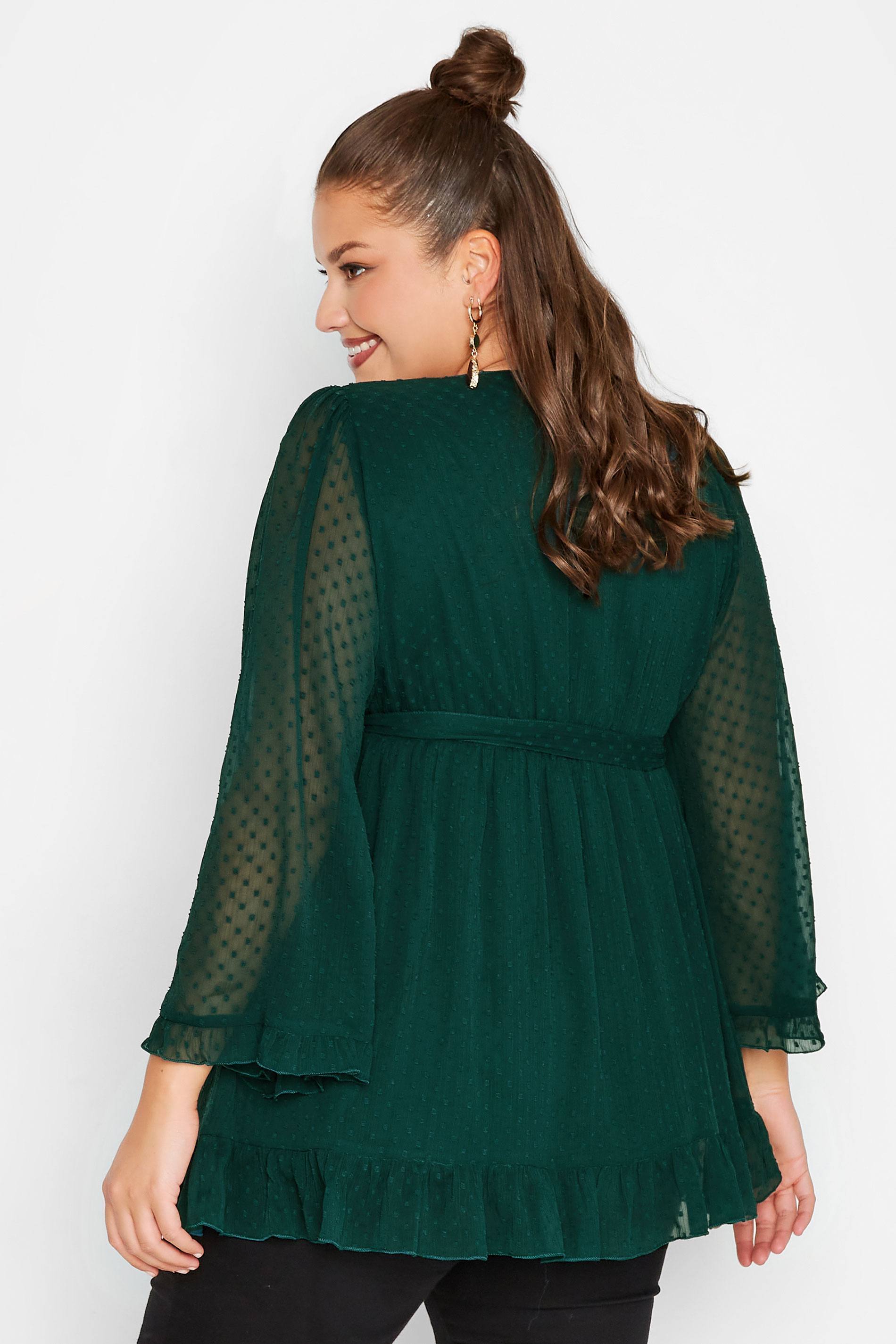 YOURS LONDON Plus Size Green Dobby Ruffle Wrap Top | Yours Clothing 3
