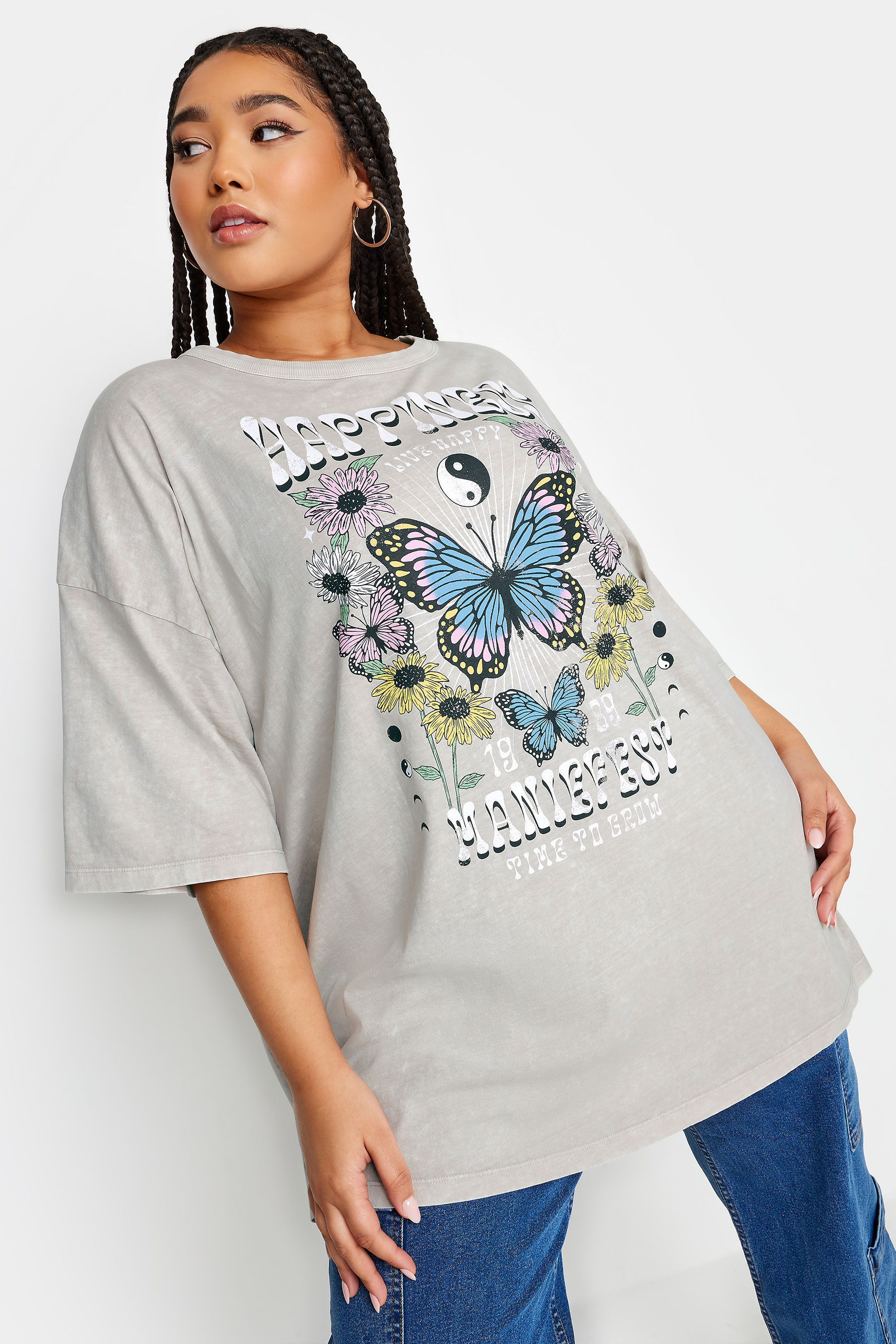 YOURS Plus Size Grey 'Happiness' Printed Oversized T-Shirt | Yours Clothing 1