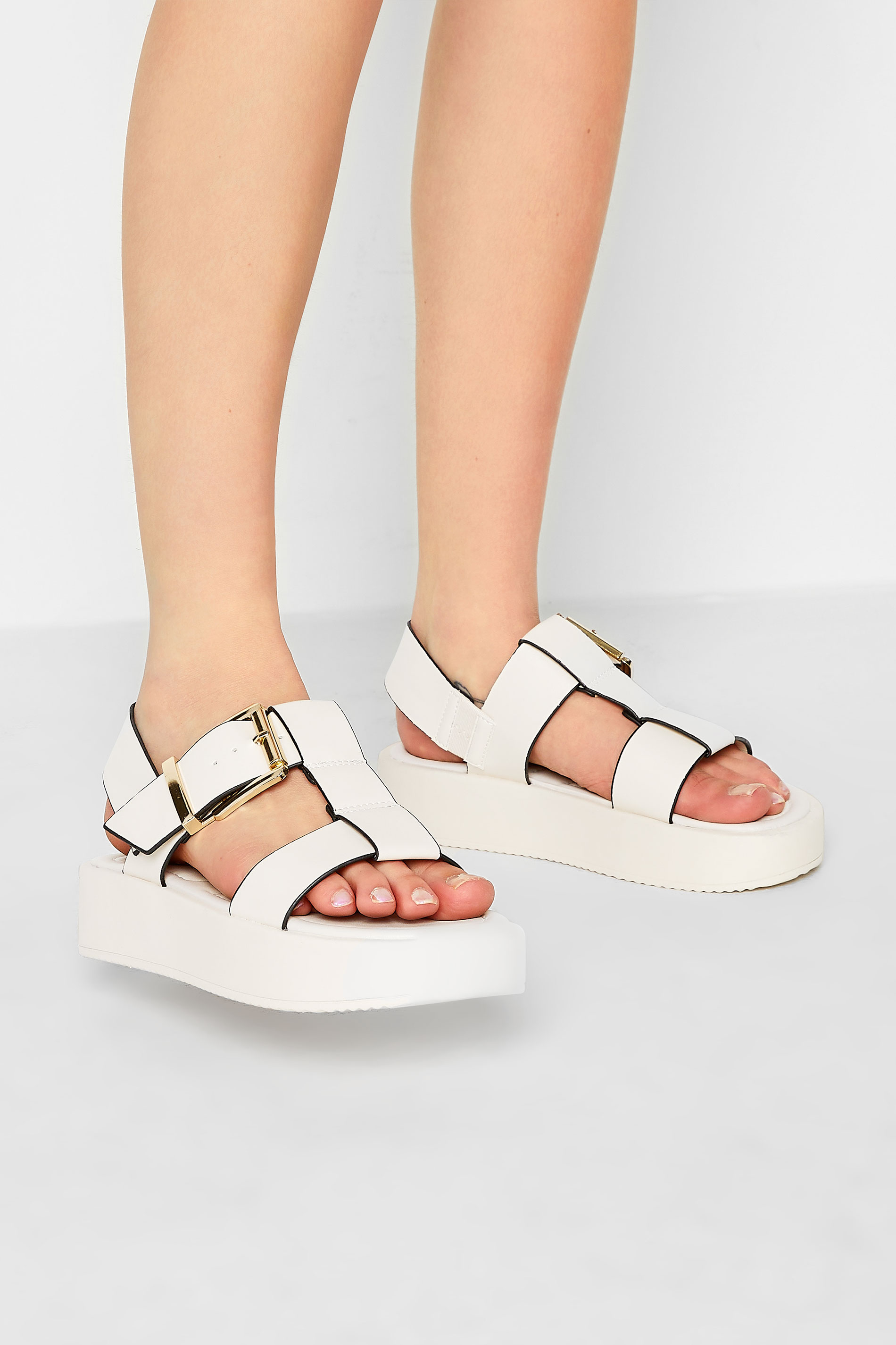 PixieGirl White T-Bar Chunky Flatform Sandals In Standard Fit | PixieGirl 1
