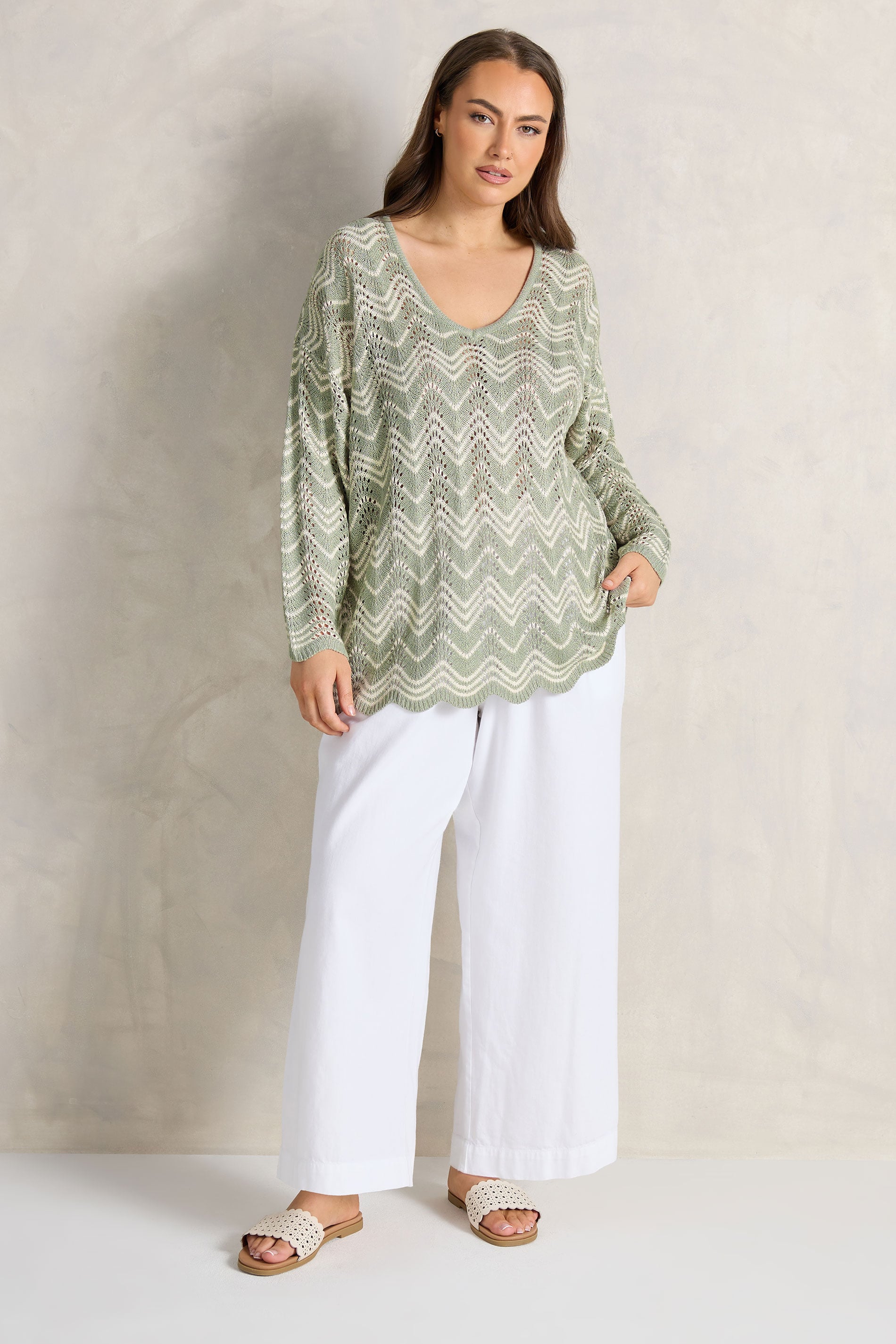 EVANS Plus Size Sage Green Wave Stitch V-Neck Jumper | Evans 1