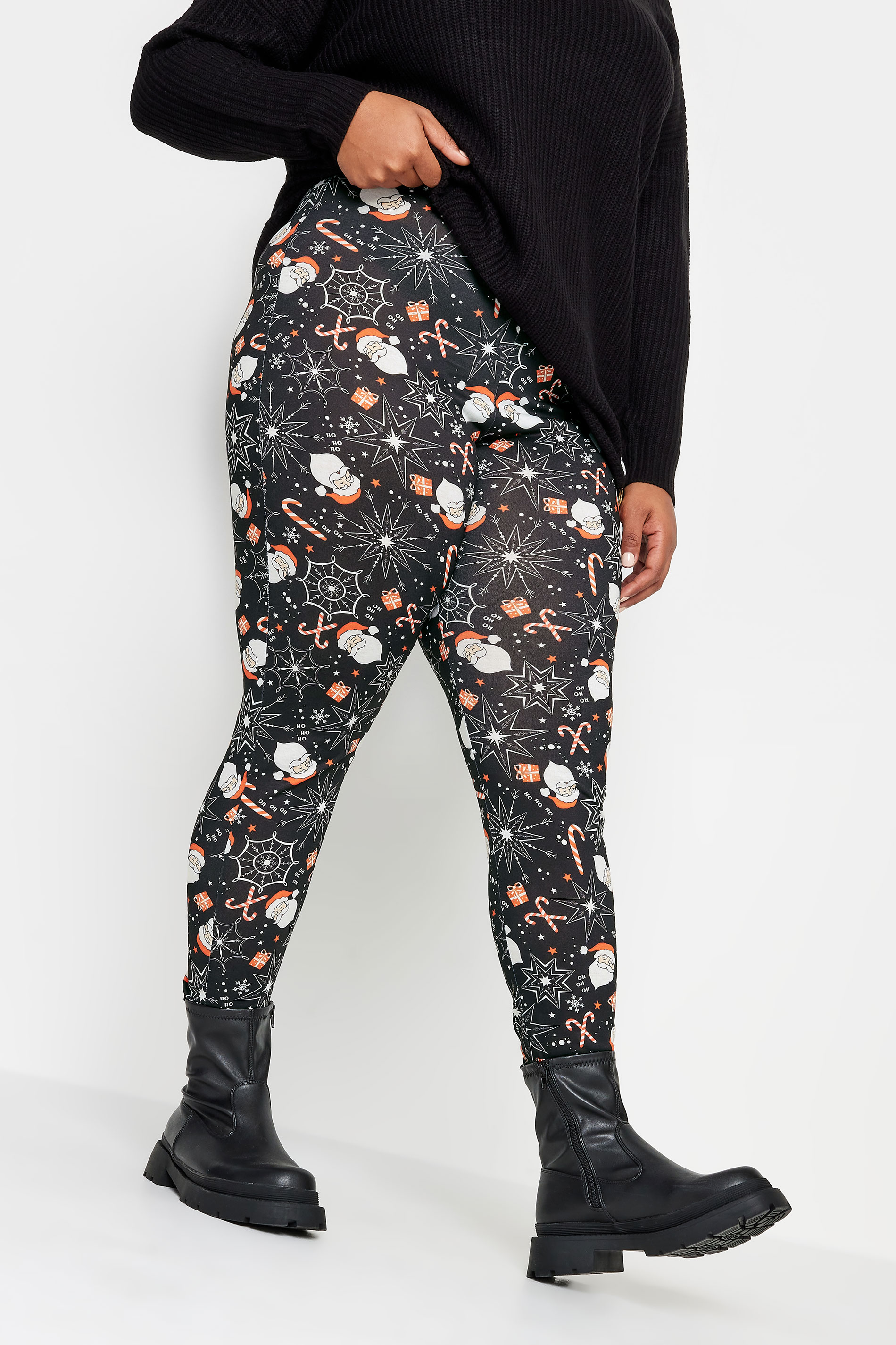 YOURS Plus Size Black Christmas Print Leggings | Yours Clothing 1