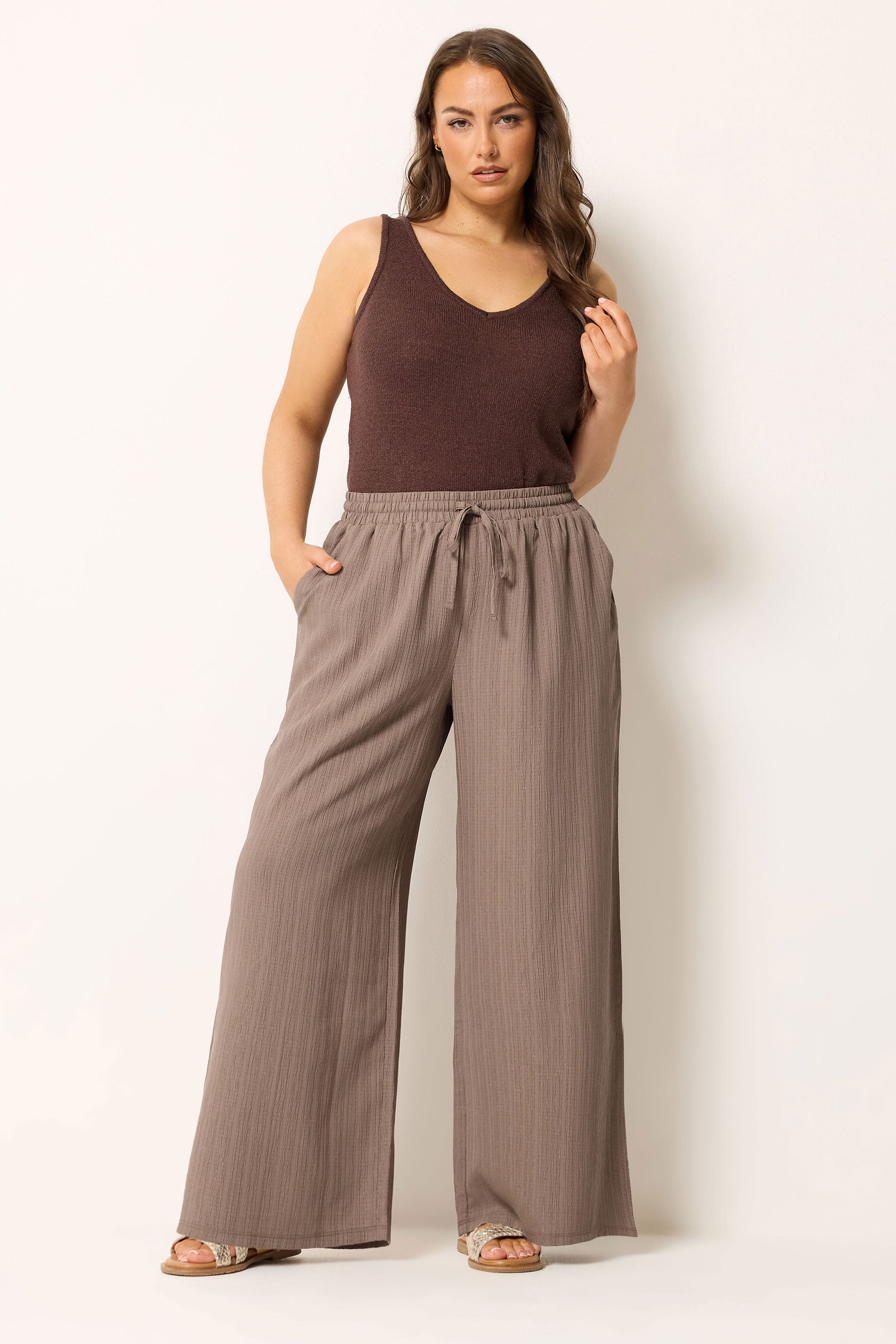YOURS Plus Size Natural Brown Wide Leg Textured Trousers | Yours Clothing 3