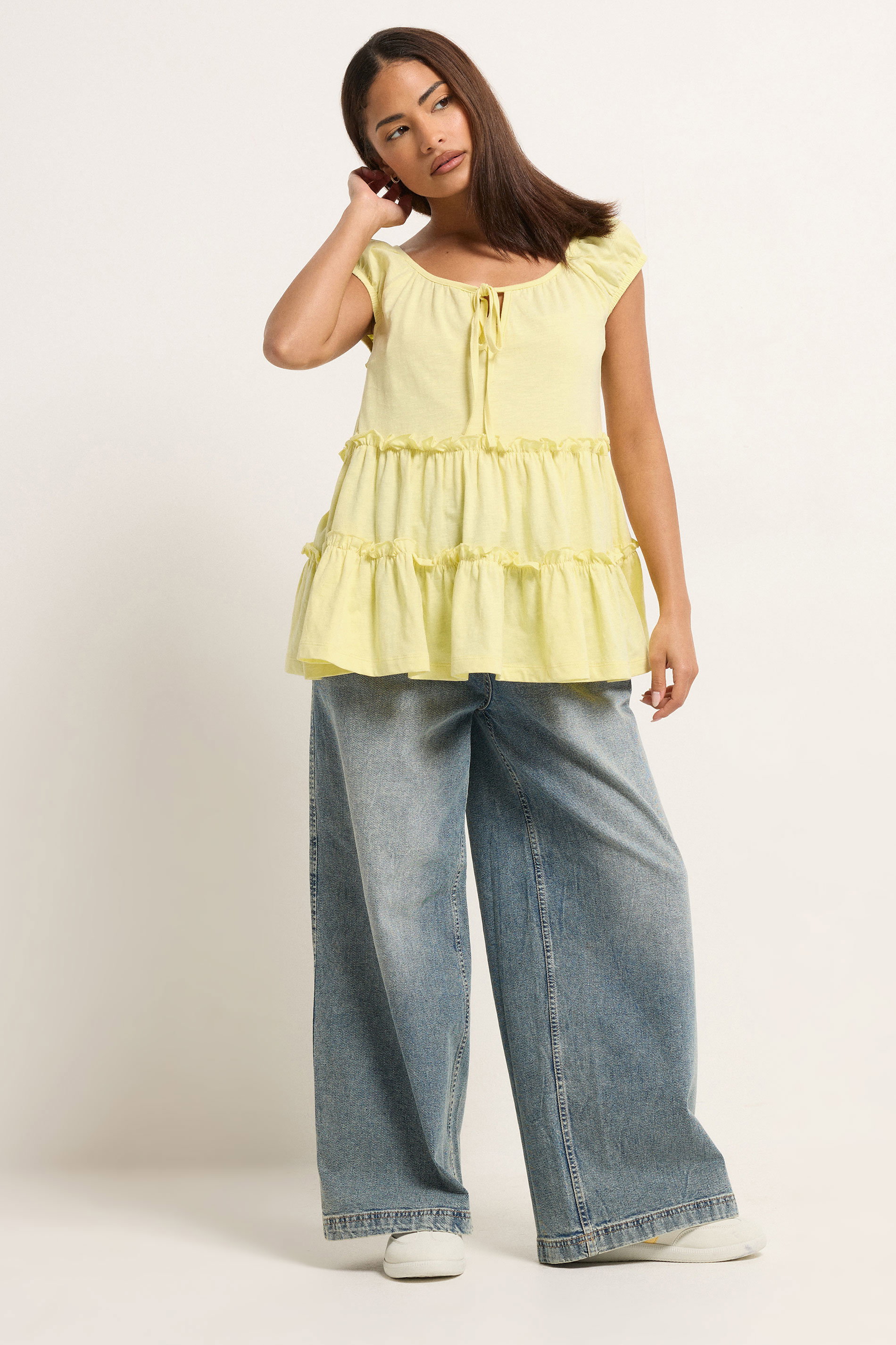 PixieGirl Petite Women's Lemon Yellow Tiered Cotton Top | PixieGirl 1