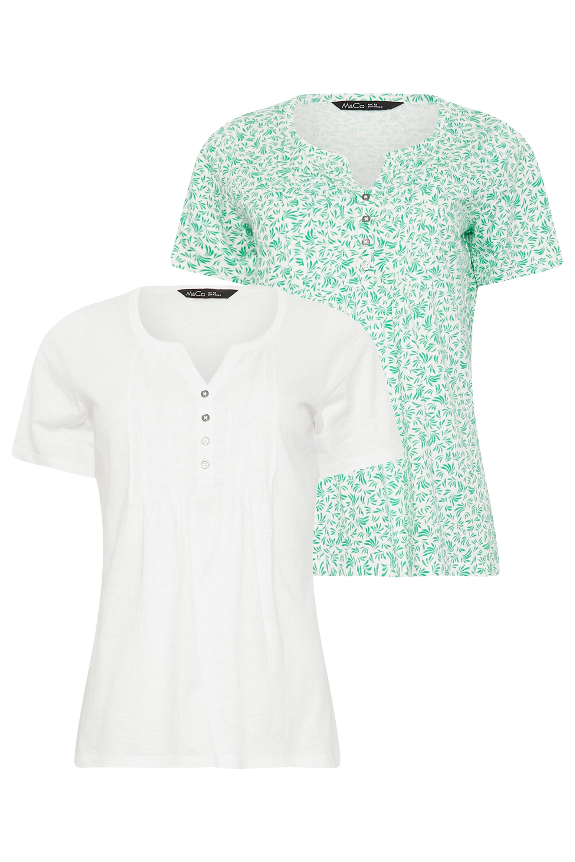 M&Co 2 PACK White & Green Leaf Print Cotton Henley Tops | M&Co 7