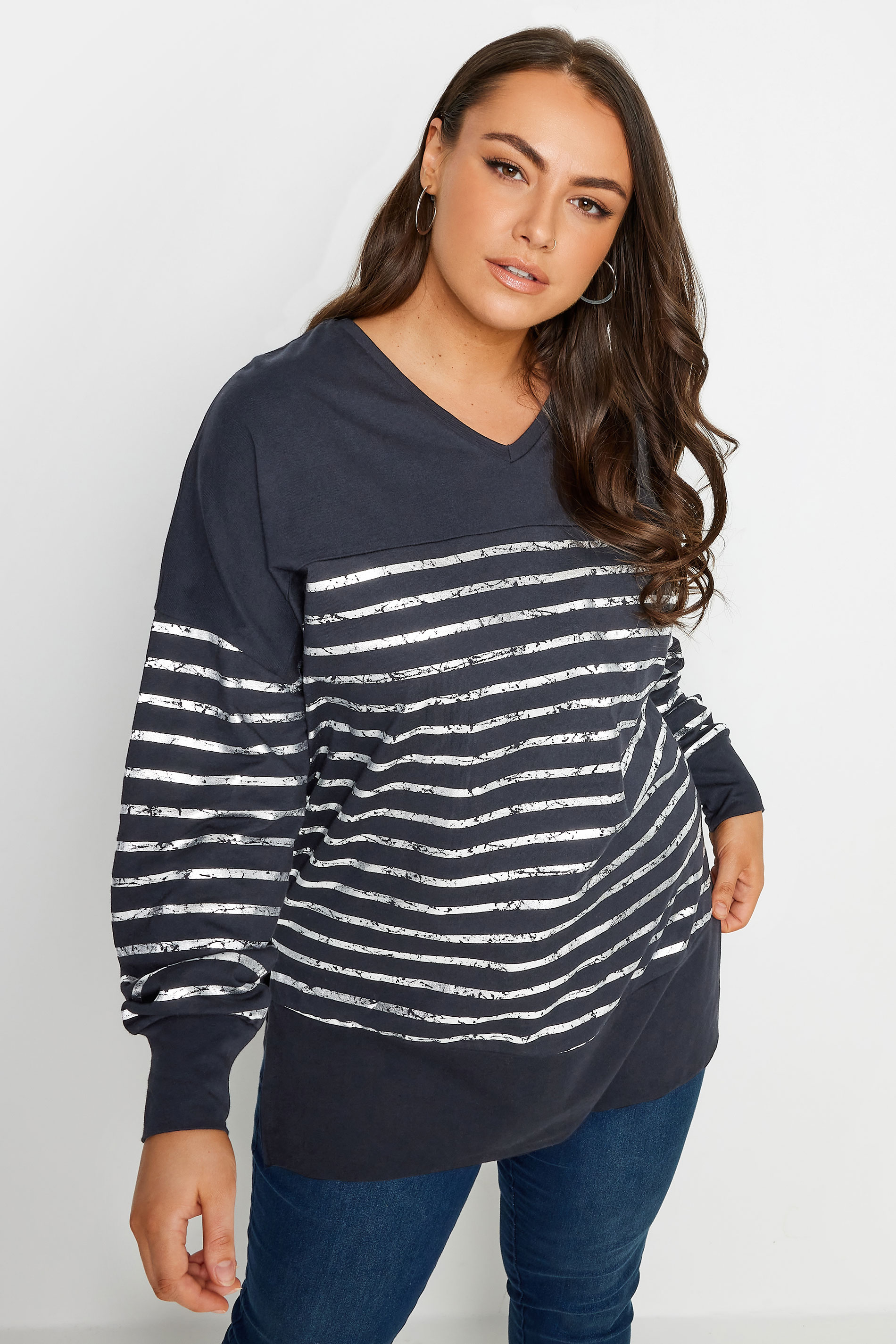 YOURS LUXURY Plus Size Navy Blue Metallic Stripe Top | Yours Clothing 1