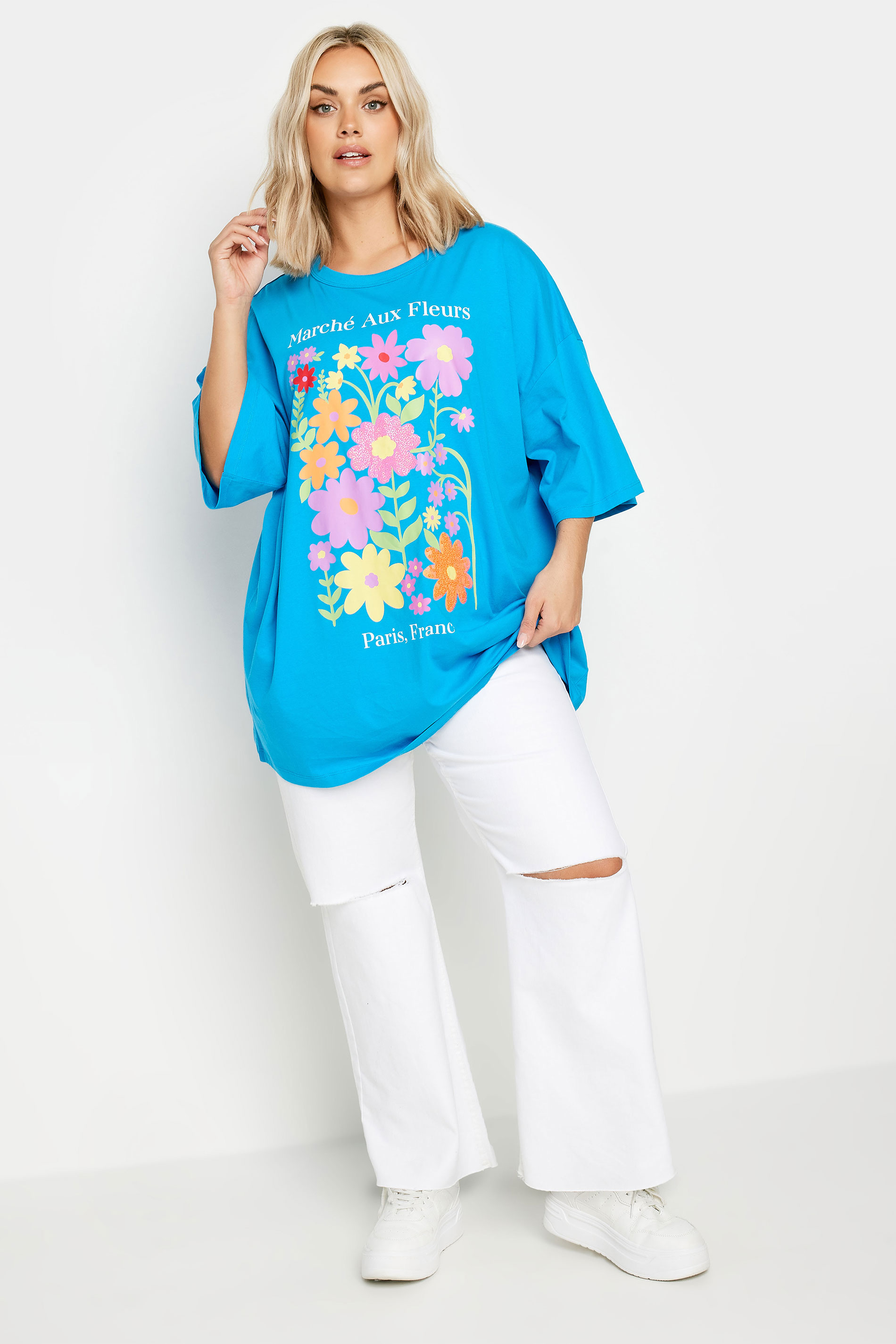 YOURS Plus Size Blue Floral Print 'Paris' Slogan Oversized T-Shirt | Yours Clothing 2