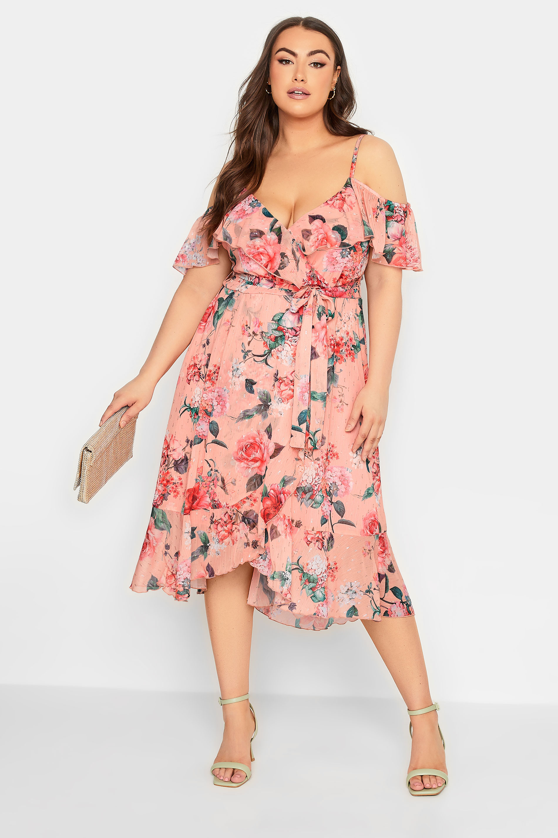 YOURS LONDON Curve Plus Size Pink Cold Shoulder Floral Wrap Dress | Yours Clothing  1
