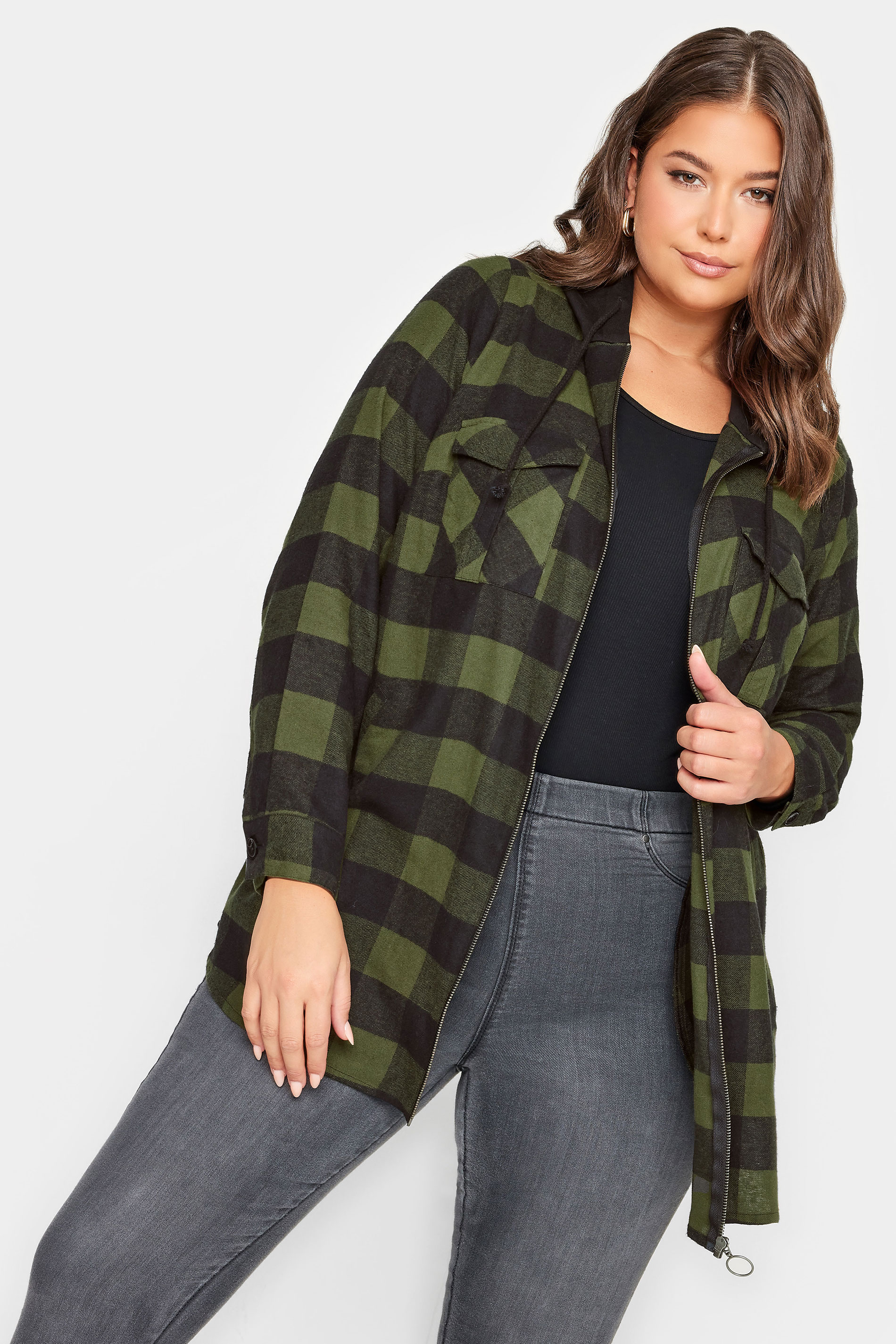YOURS Plus Size Khaki Green Check Print Hooded Shirt | Yours Clothing 2