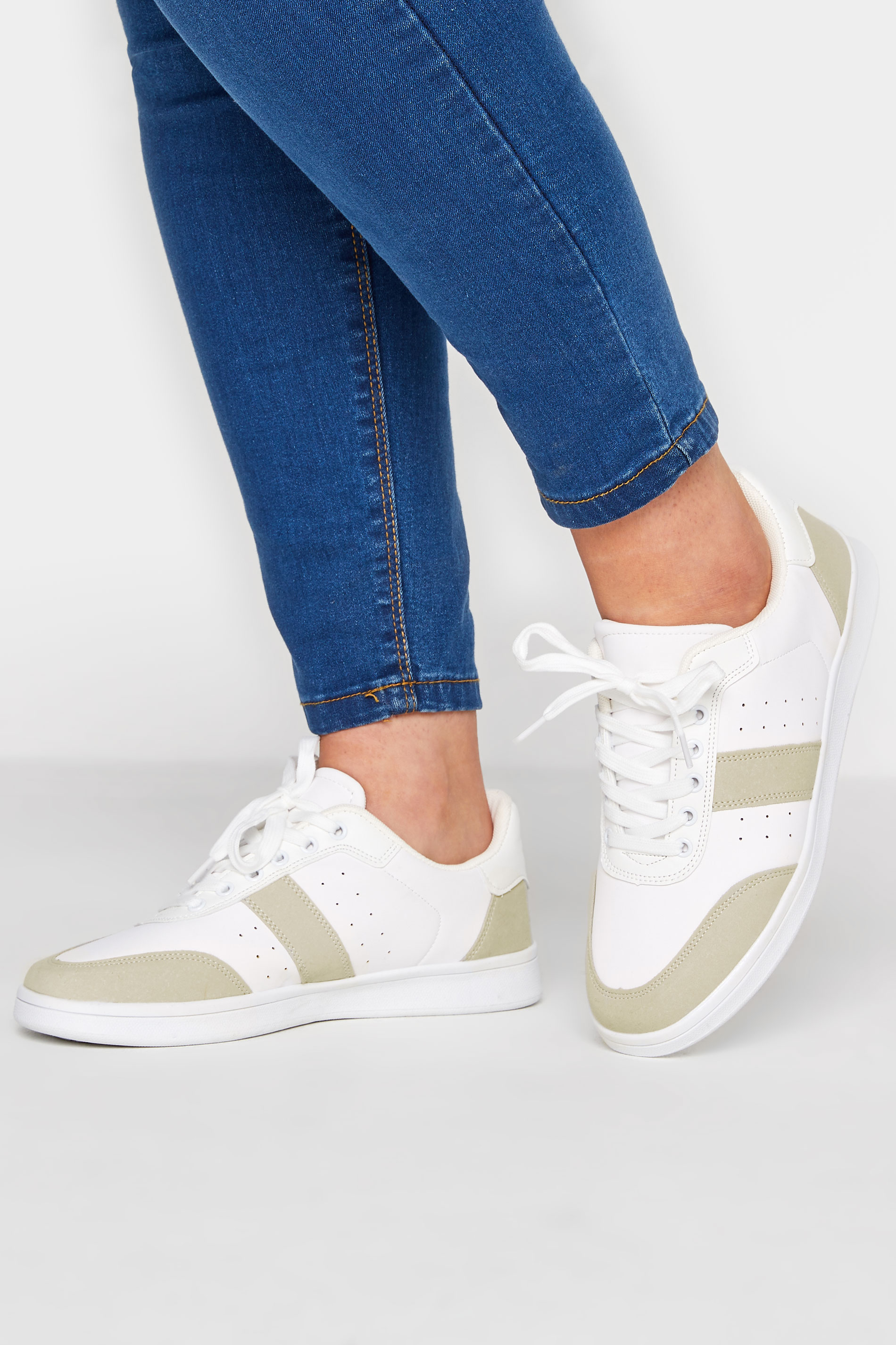 White & Beige Brown Stripe Trainers In Wide E Fit | Yours Clothing 1