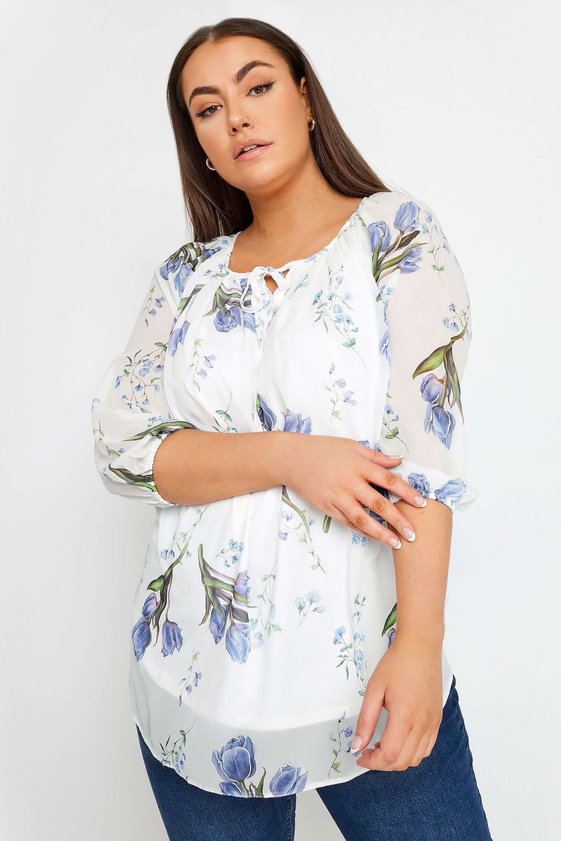 YOURS Plus Size White & Blue Floral Print Tie Neck Blouse | Yours Clothing 1