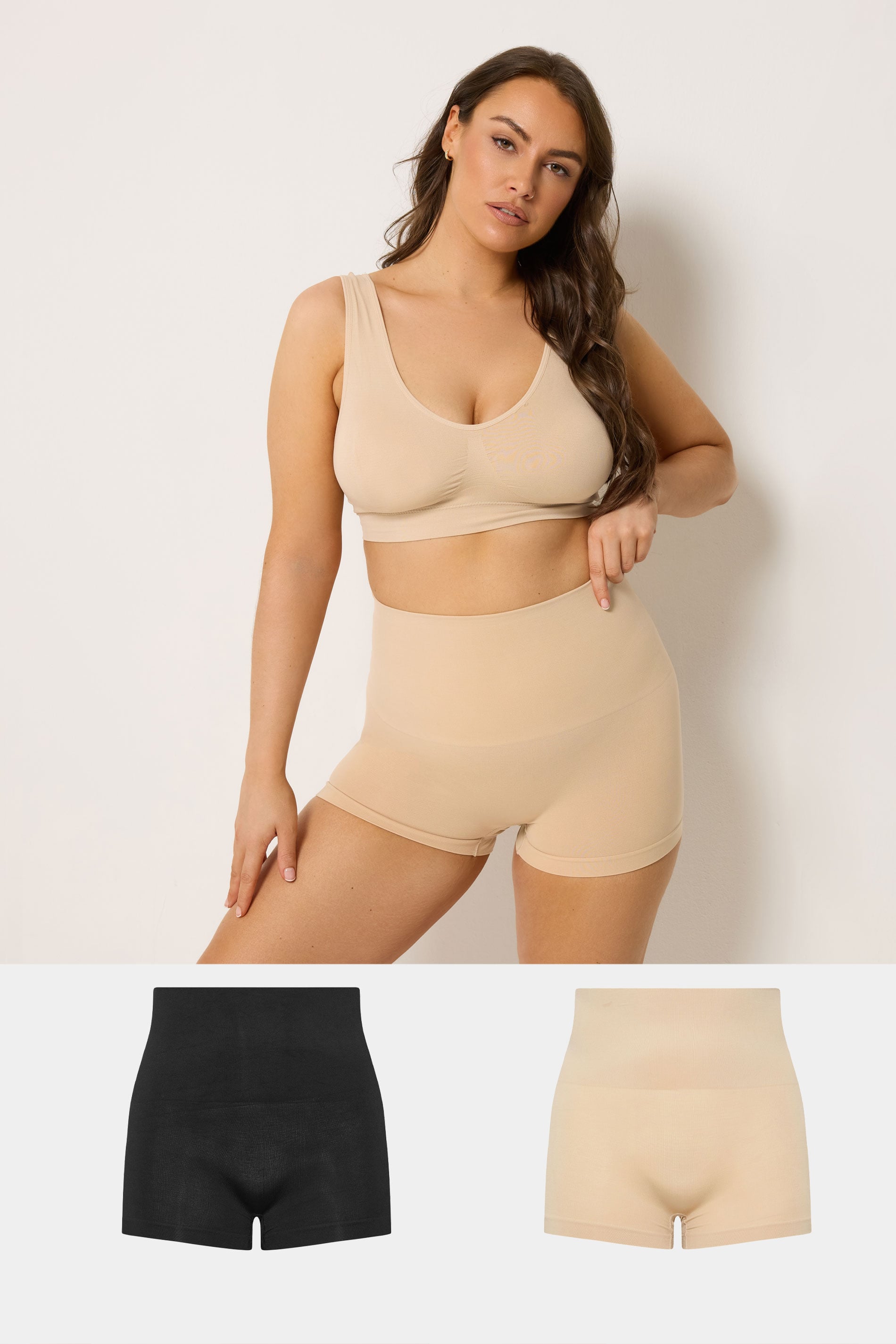 YOURSET Plus Size 2 PACK Black & Nude Seamless Control High Waisted Shorts | Yours Clothing 3