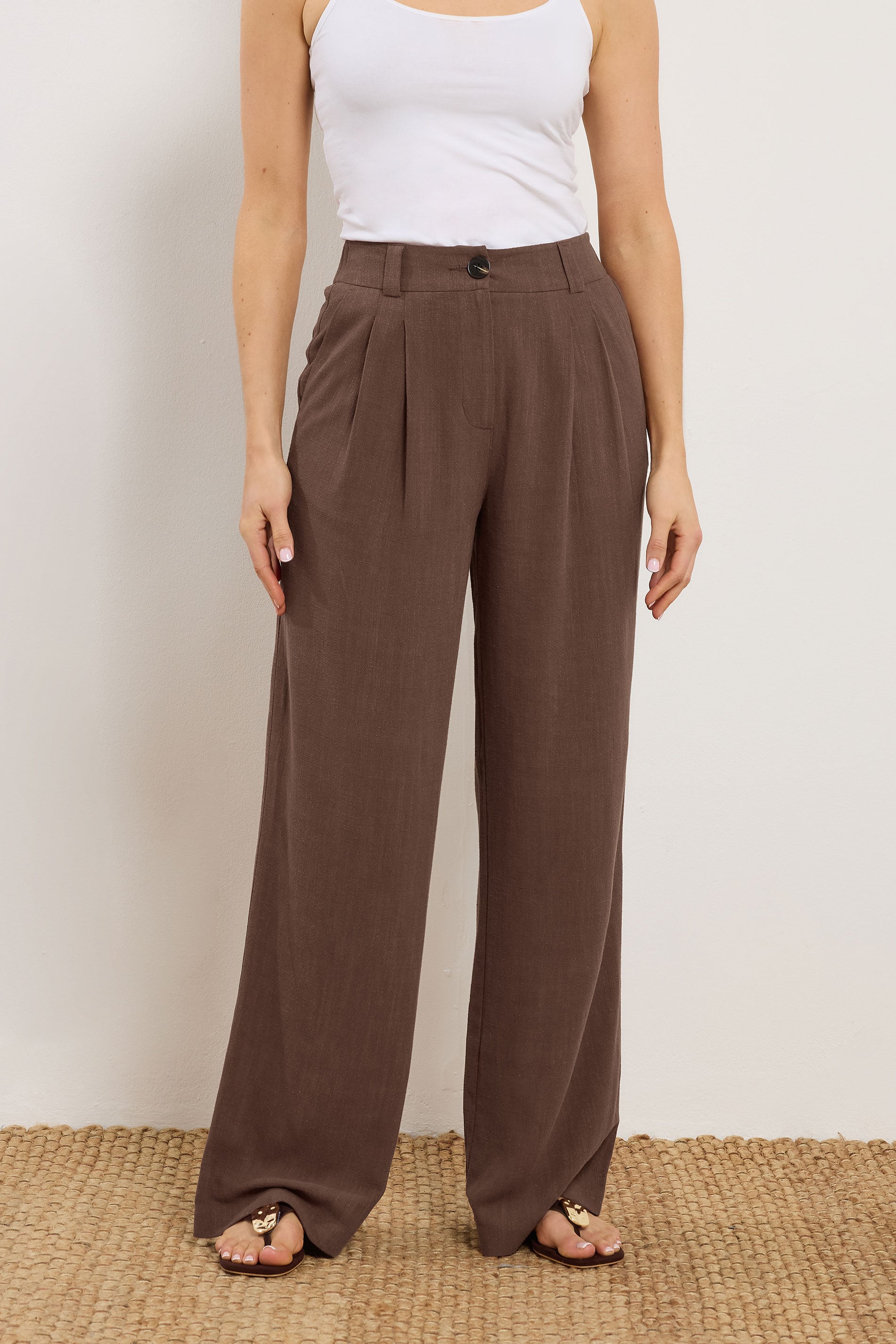 LTS Tall Women's Chocolate Brown Linen Pleated Wide Leg Trousers | Long Tall Sally 2