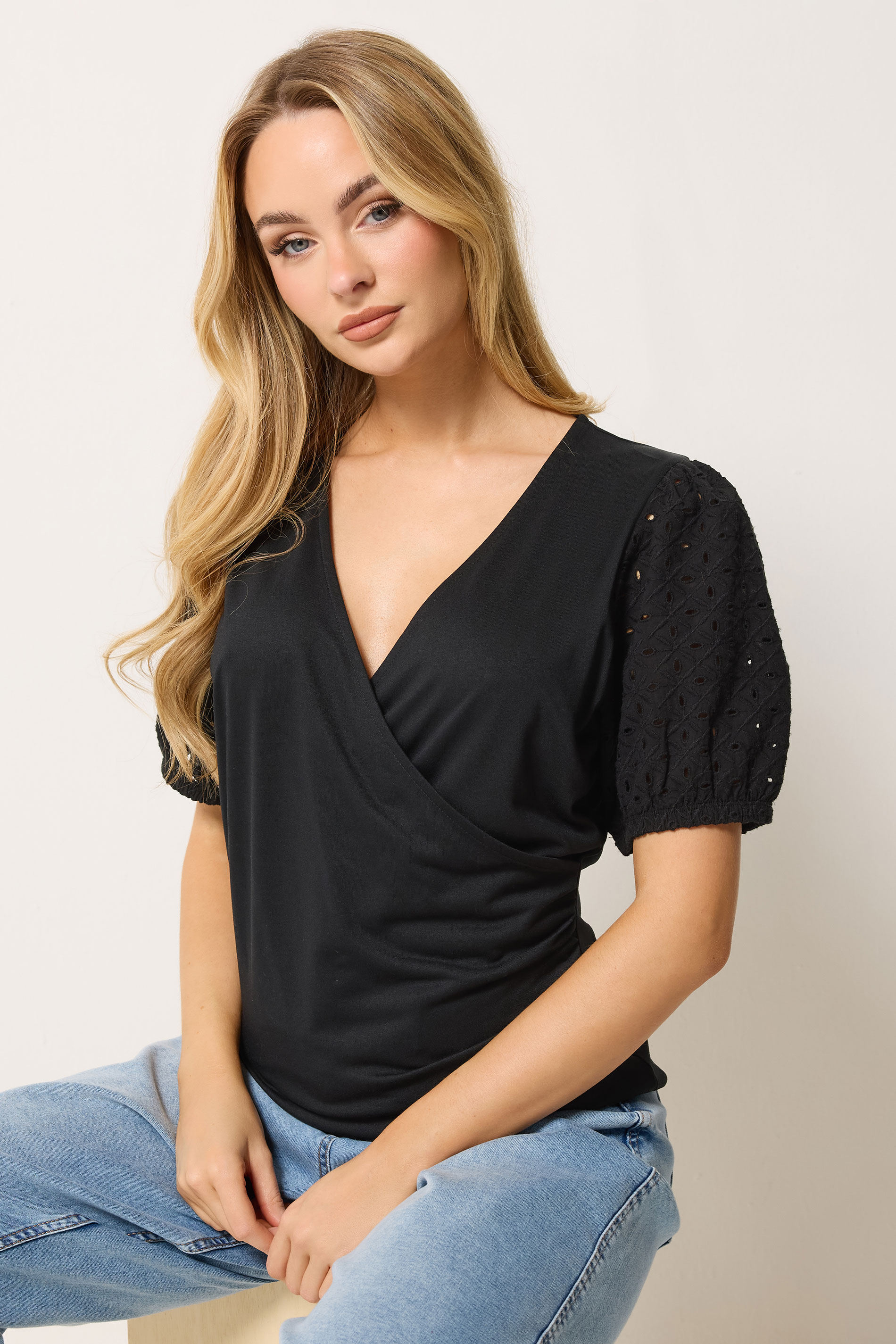 M&Co Black Broderie Sleeve Cotton Wrap Top | M&Co 3