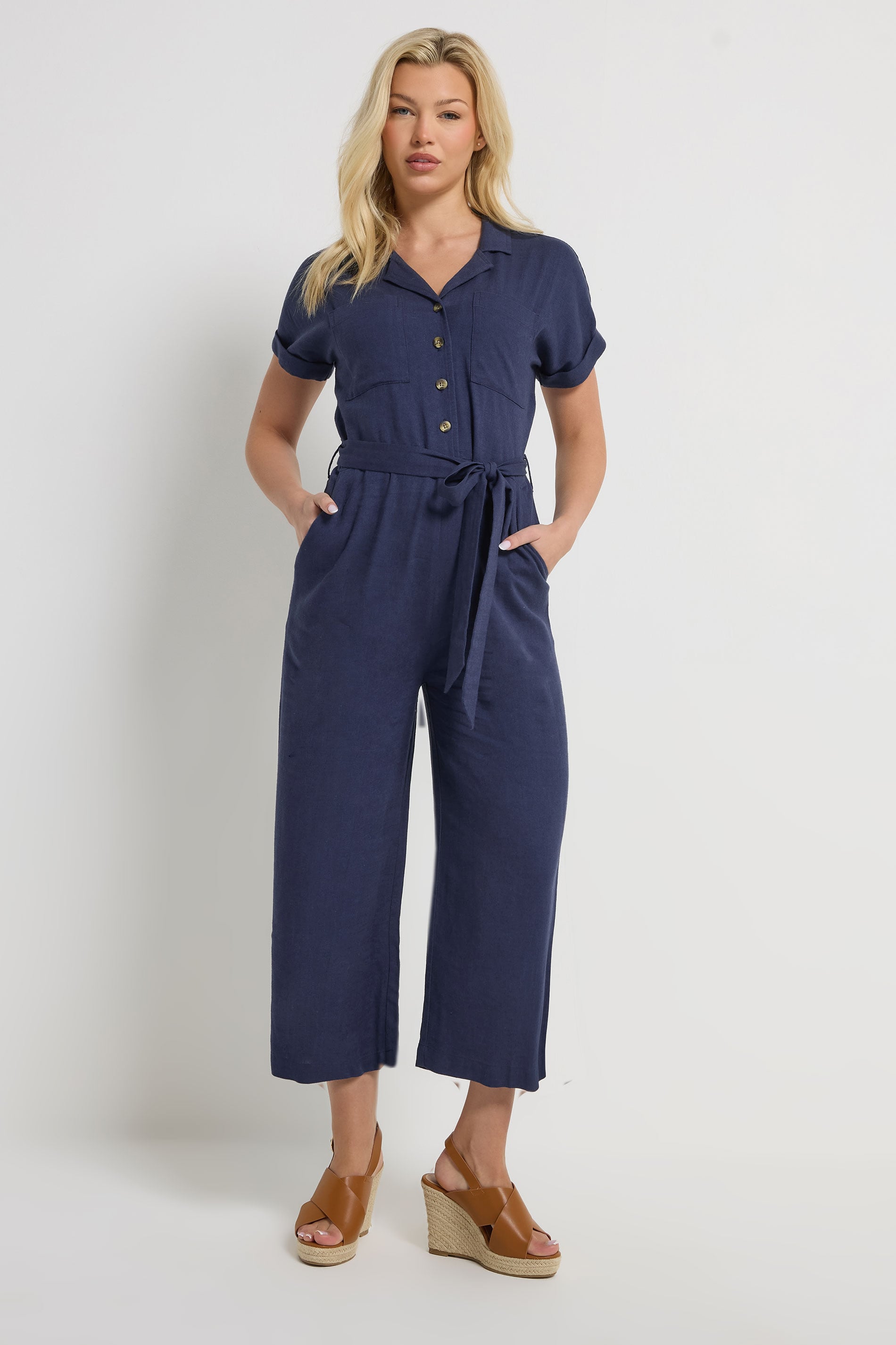 M&Co Navy Blue Tie Waist Linen Jumpsuit | M&Co 1