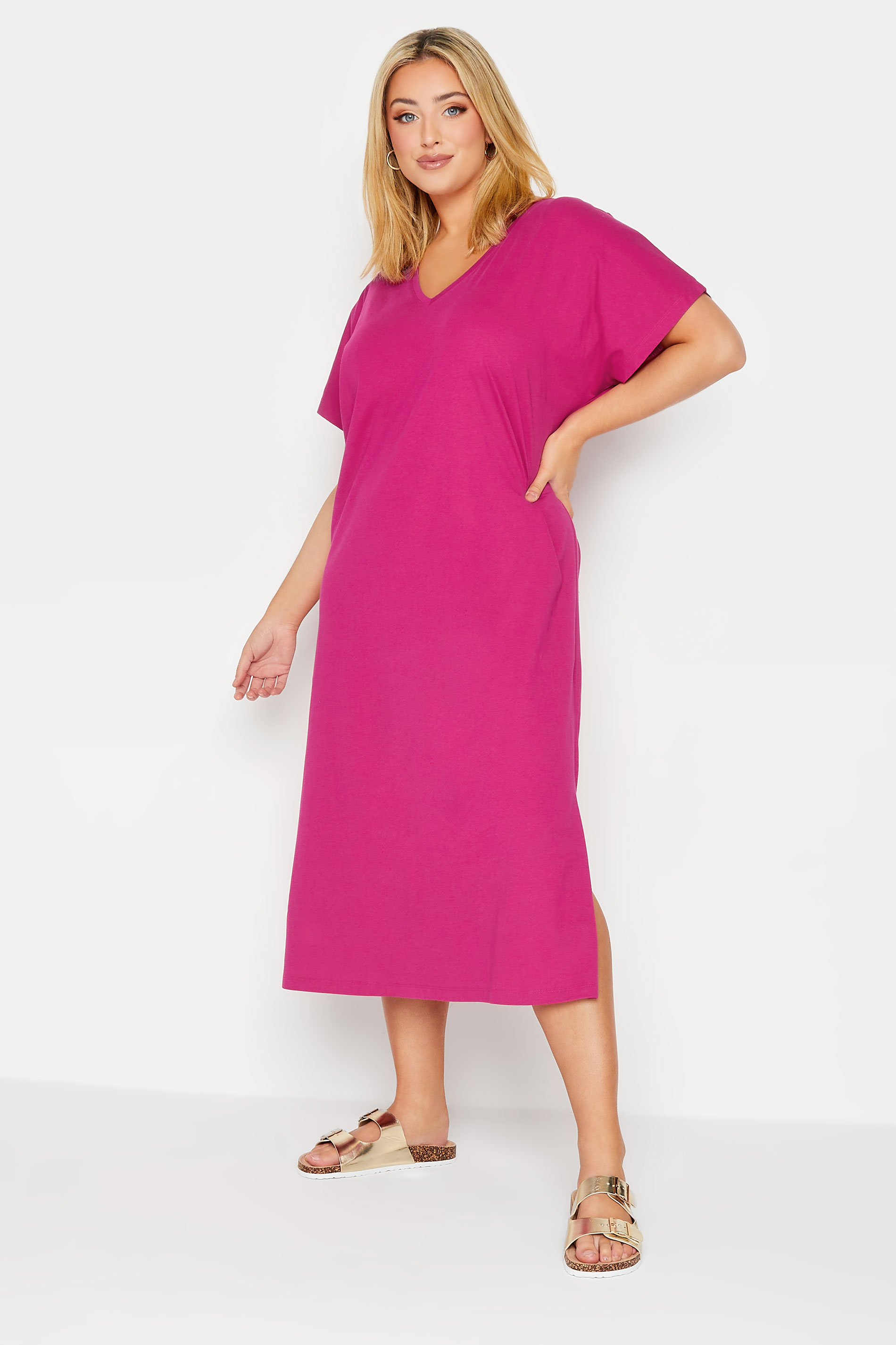 YOURS Plus Size Pink Side Split Midaxi T-Shirt Dress | Yours Clothing 3