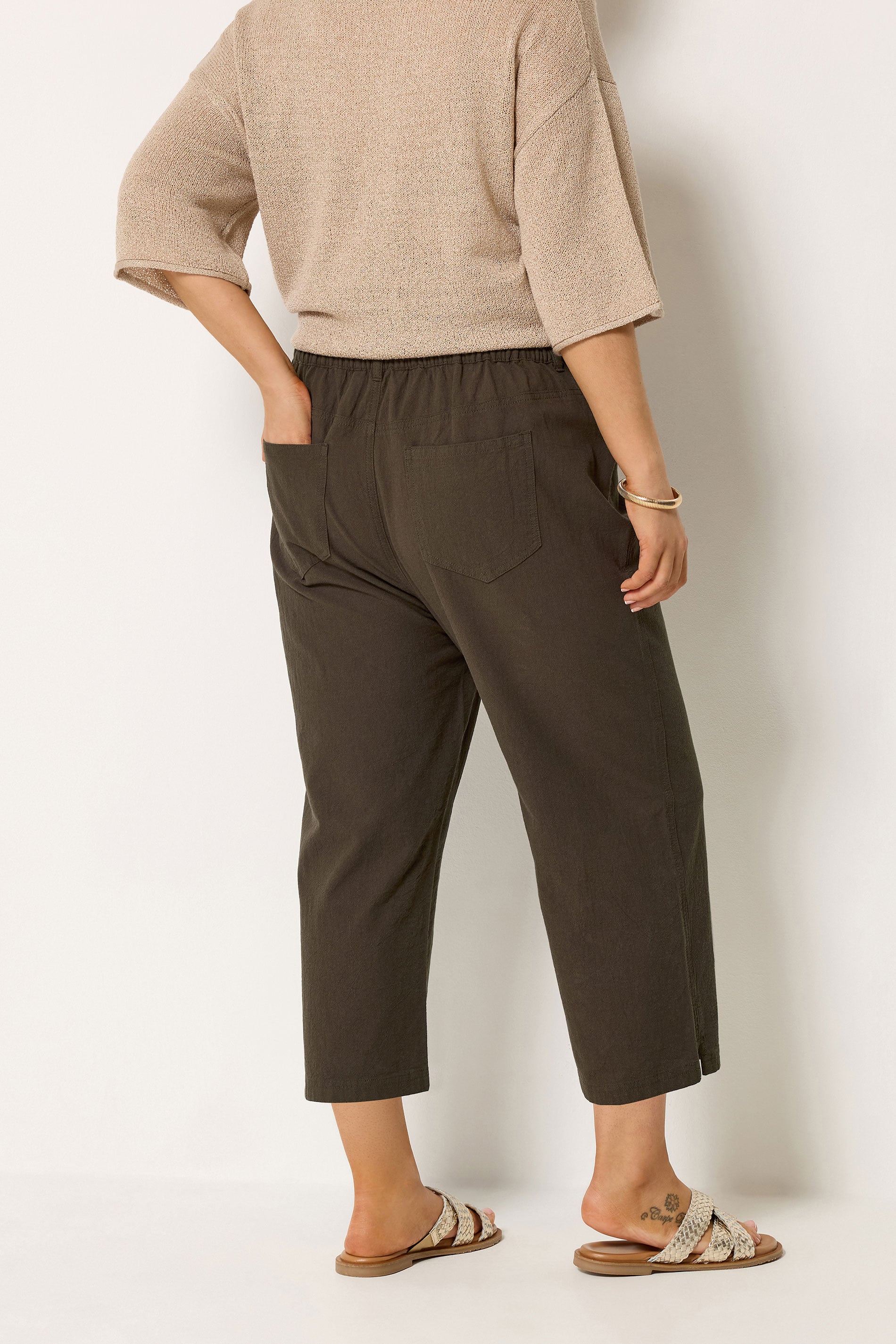 YOURS Plus Size Chocolate Brown Cool Cotton Cropped Trousers | Yours Clothing 2