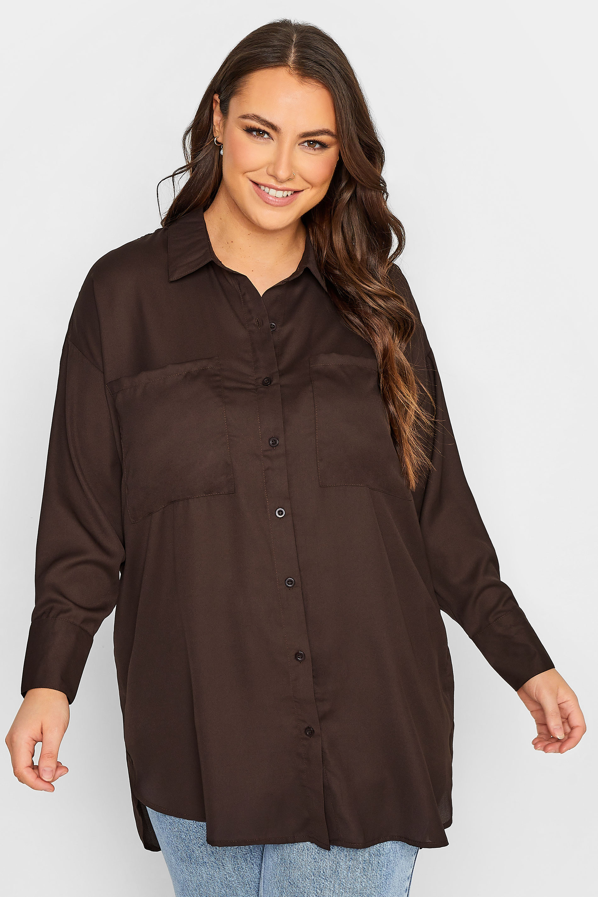 Plus Size Chocolate Brown Oversized Boyfriend Shirt | Yours Clothing 1