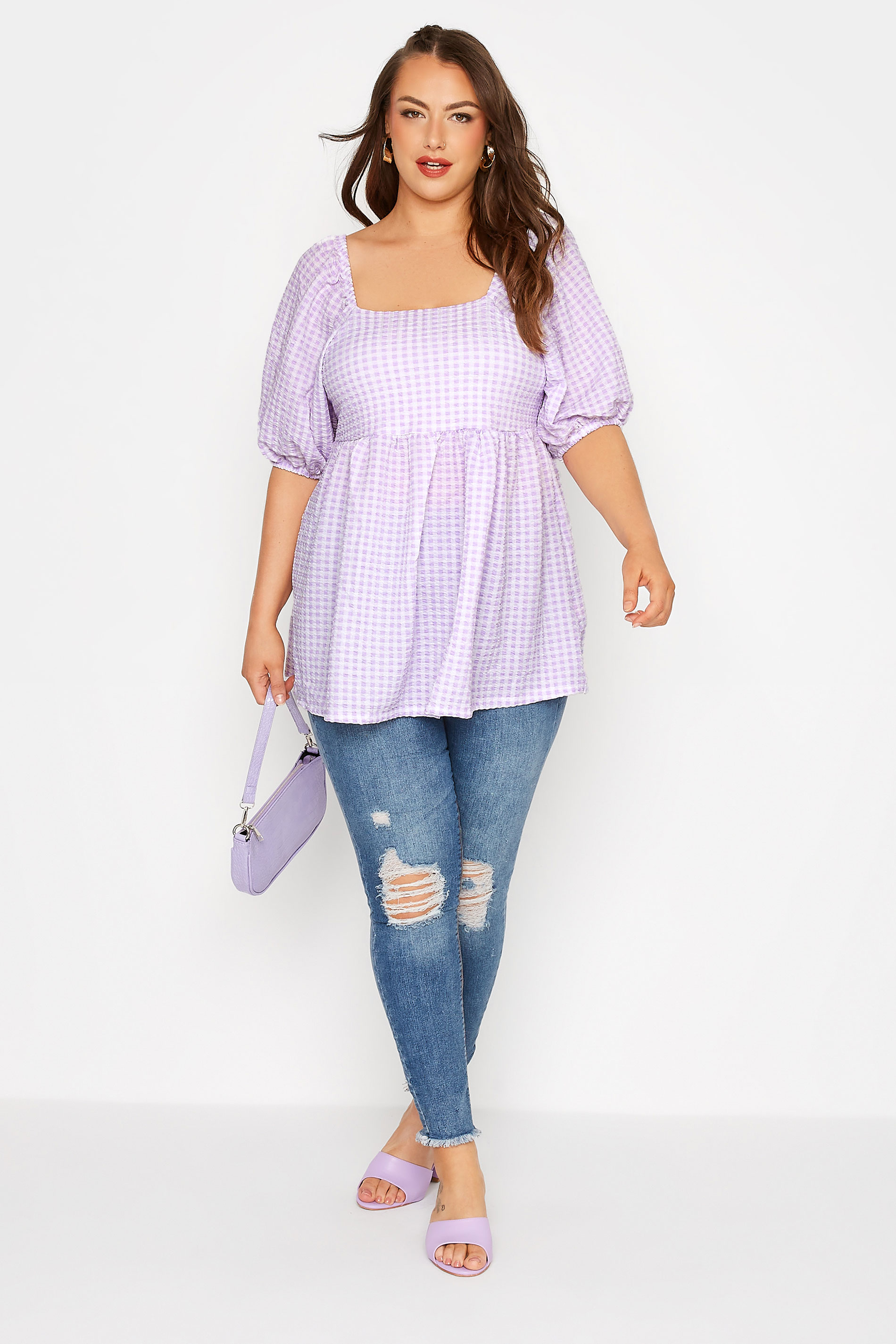 Grande taille  Tops Grande taille  Tops Casual | LIMITED COLLECTION - Top Couleur Lavande à Carreaux Manches Bouffantes - EE14286