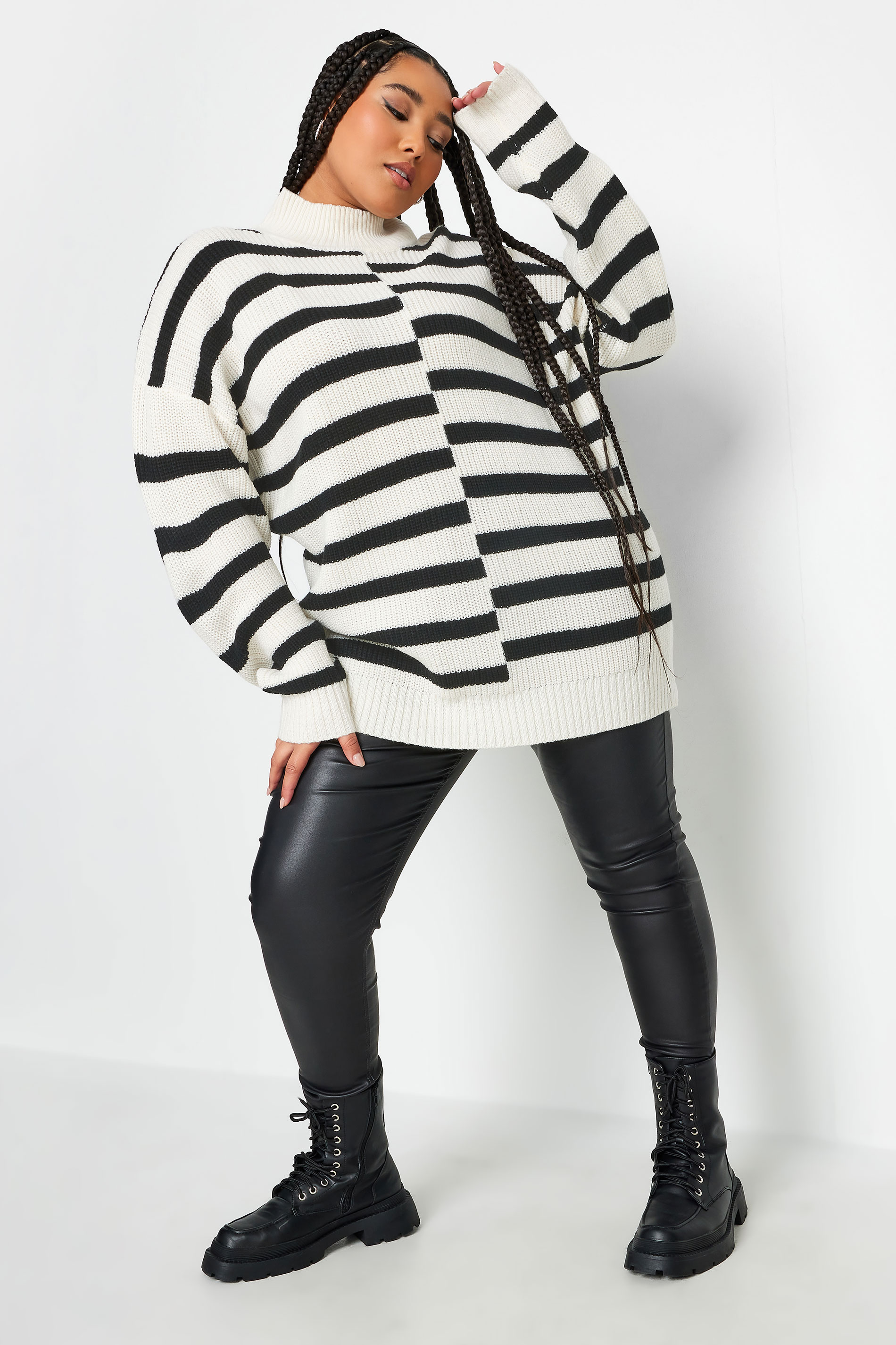 YOURS Plus Size White Contrast Stripe Turtle Neck Jumper | Yours Clothing 2