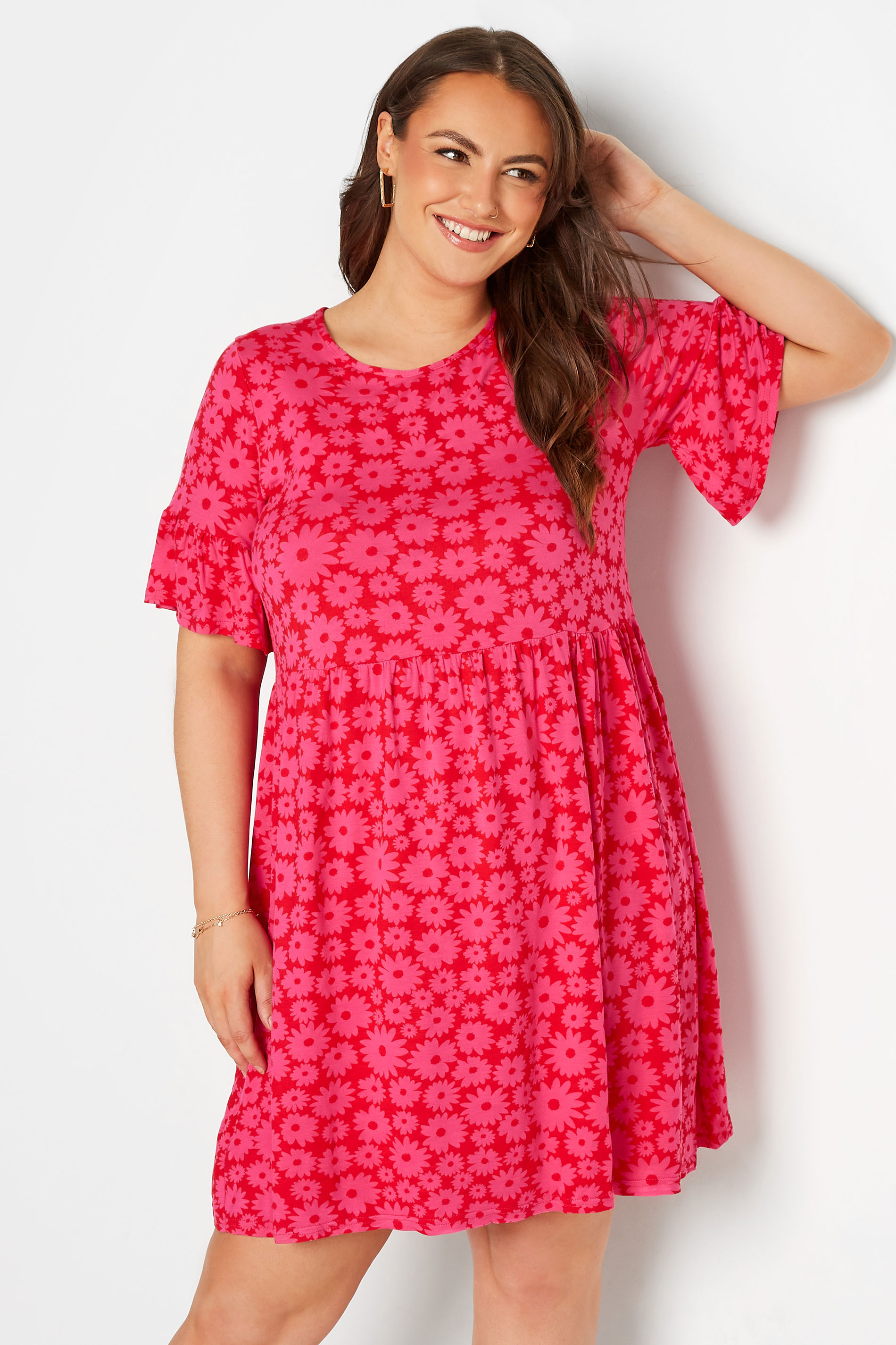 Curve Red & Pink Floral Print Smock Tunic Dress 1