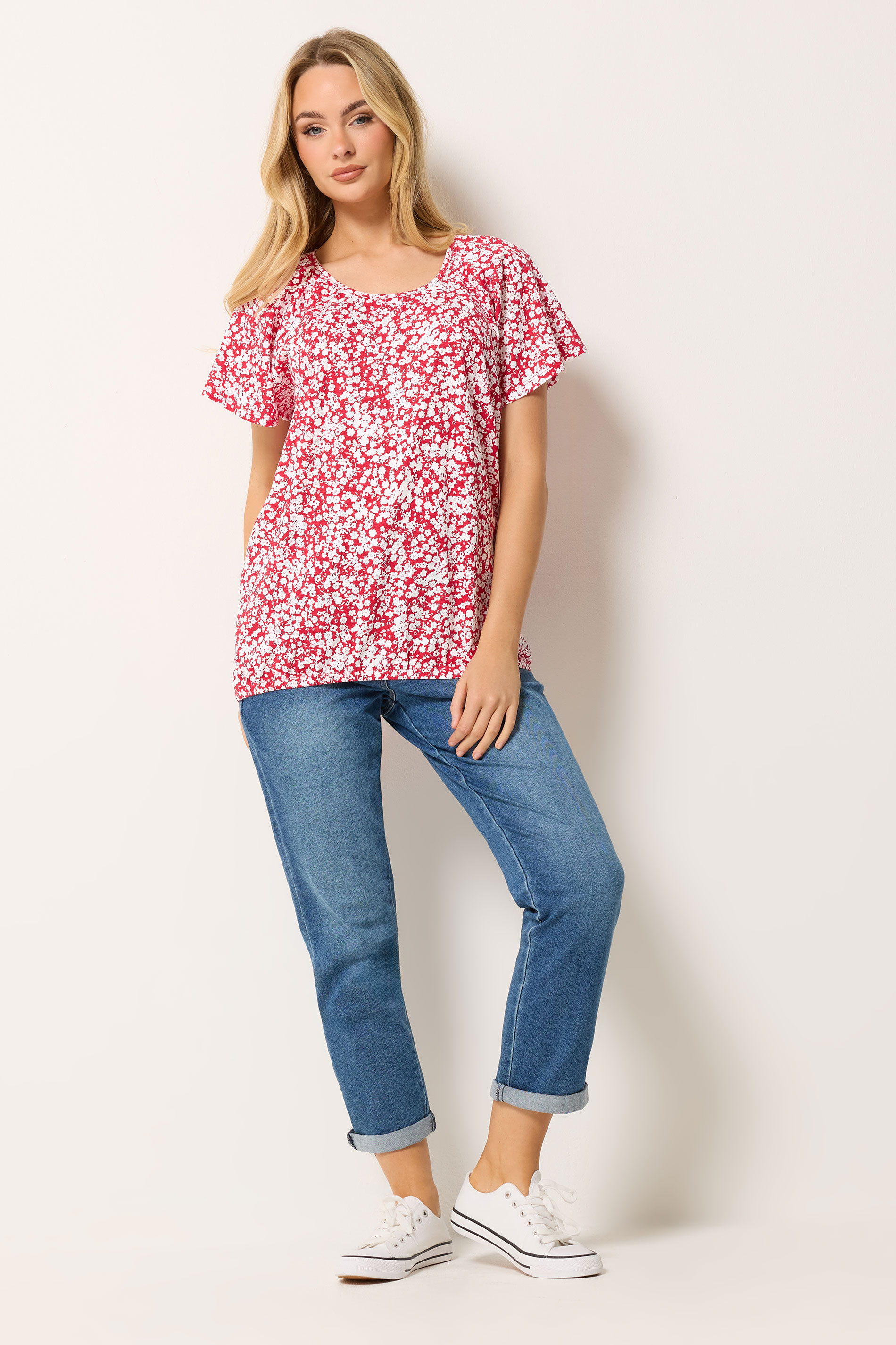 M&Co Red Ditsy Floral Cotton Scoop Neck Top | M&Co 1