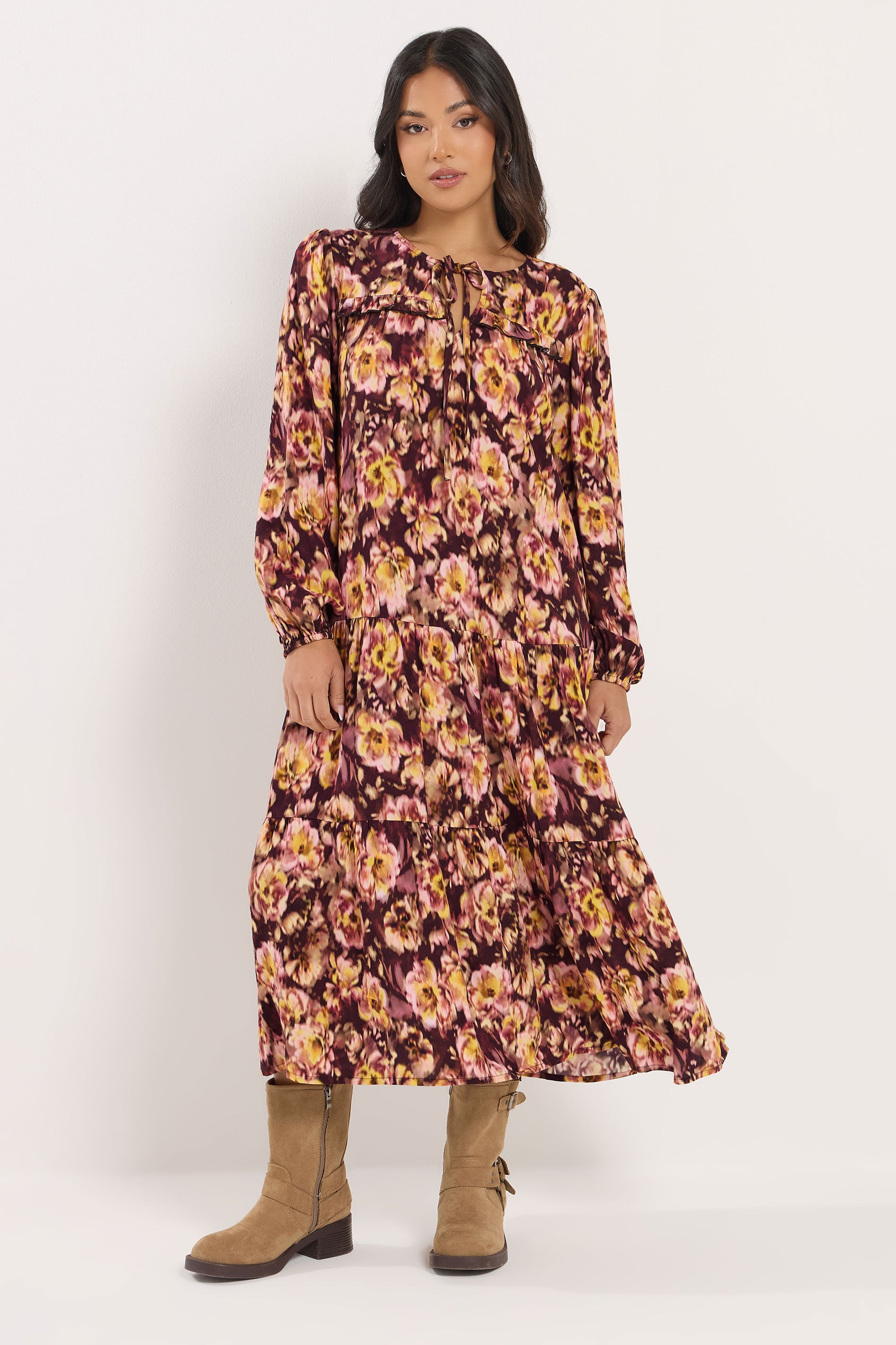 PixieGirl Petite Womens Brown Blurred Floral Ruffle Dress | PixieGirl 3