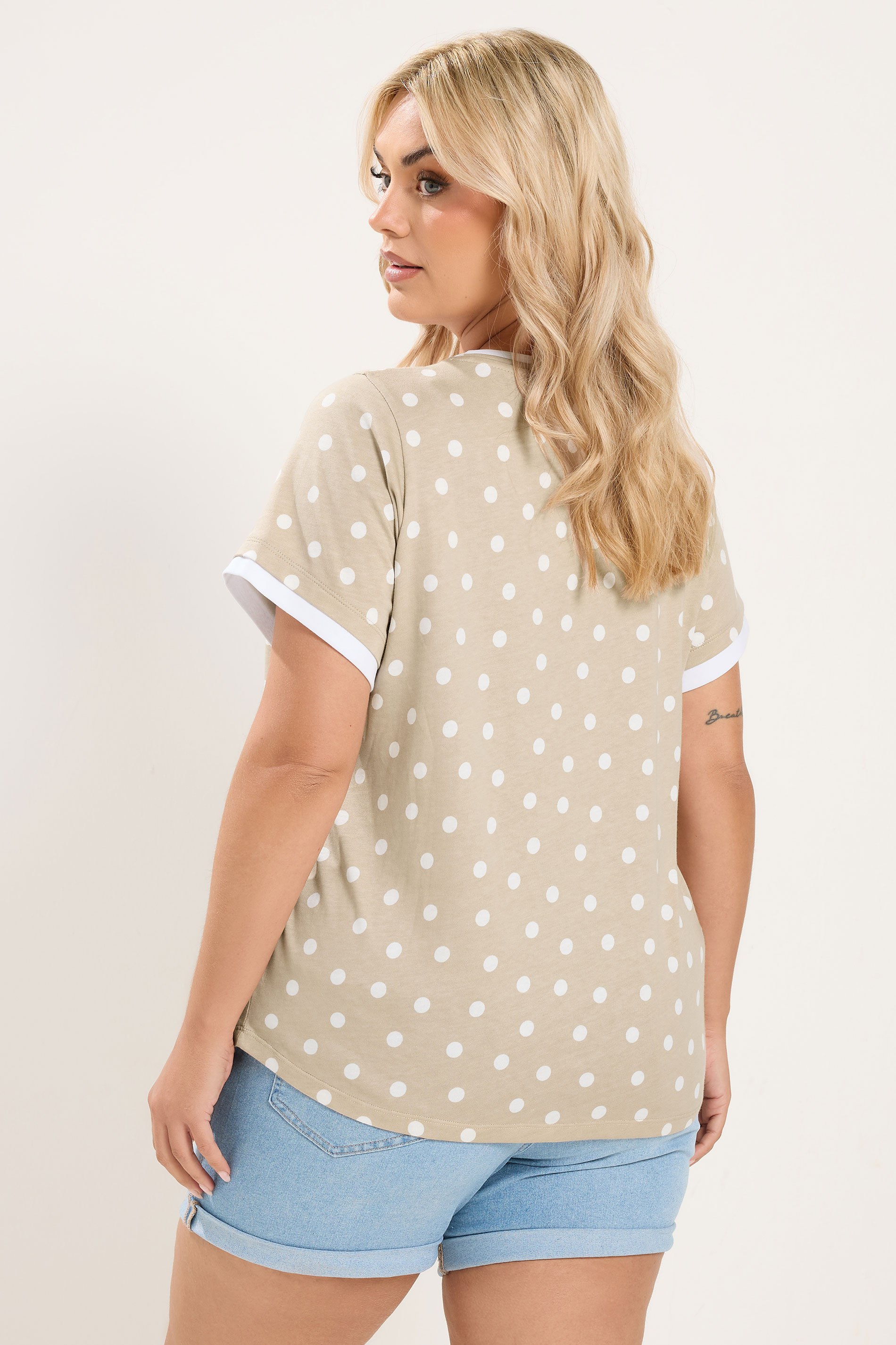 YOURS Plus Size Mocha Brown Spot Contrast Sleeve T-Shirt | Yours Clothing 2