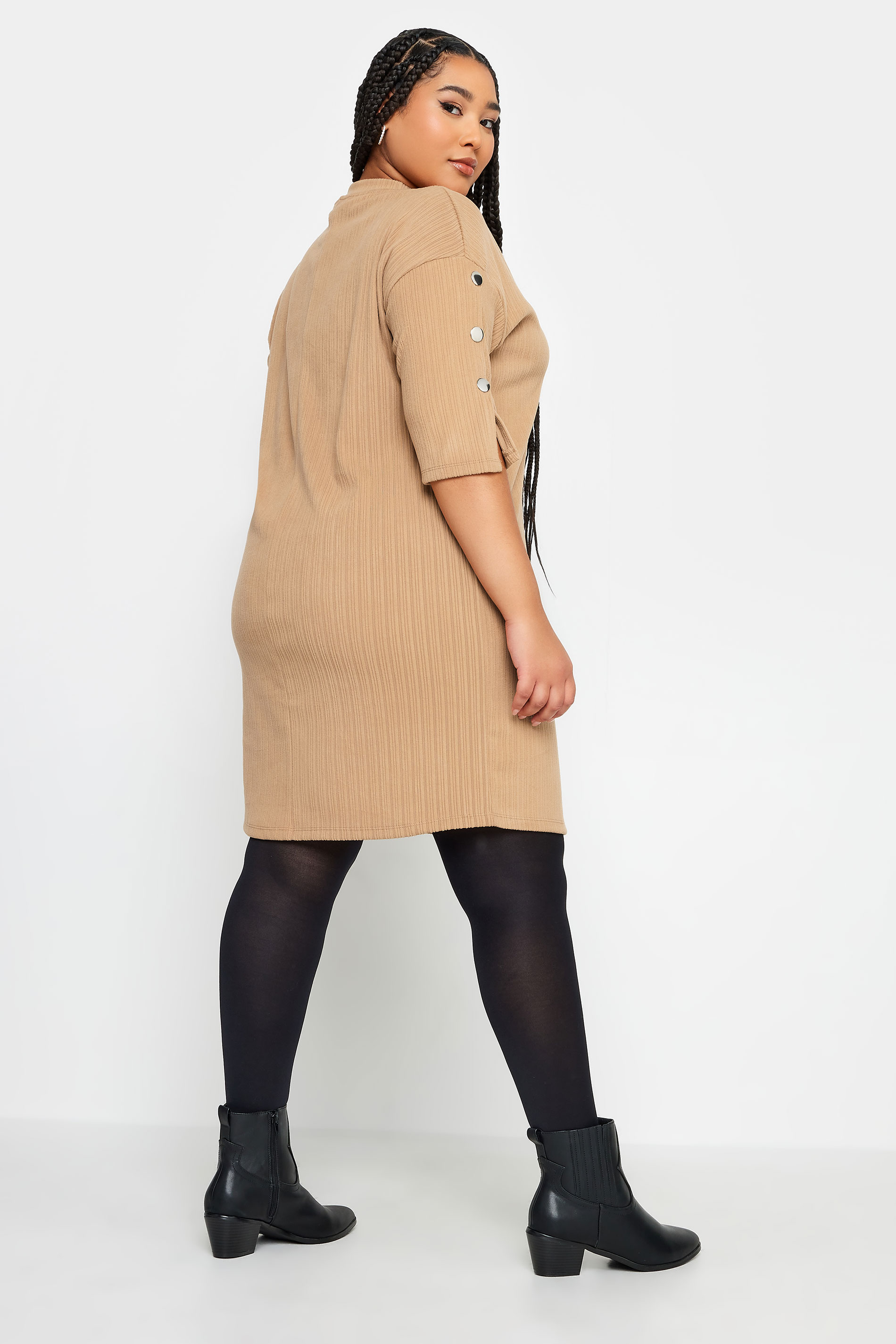 YOURS Plus Size Beige Brown Soft Touch Button Detail Mini Dress | Yours Clothing 3