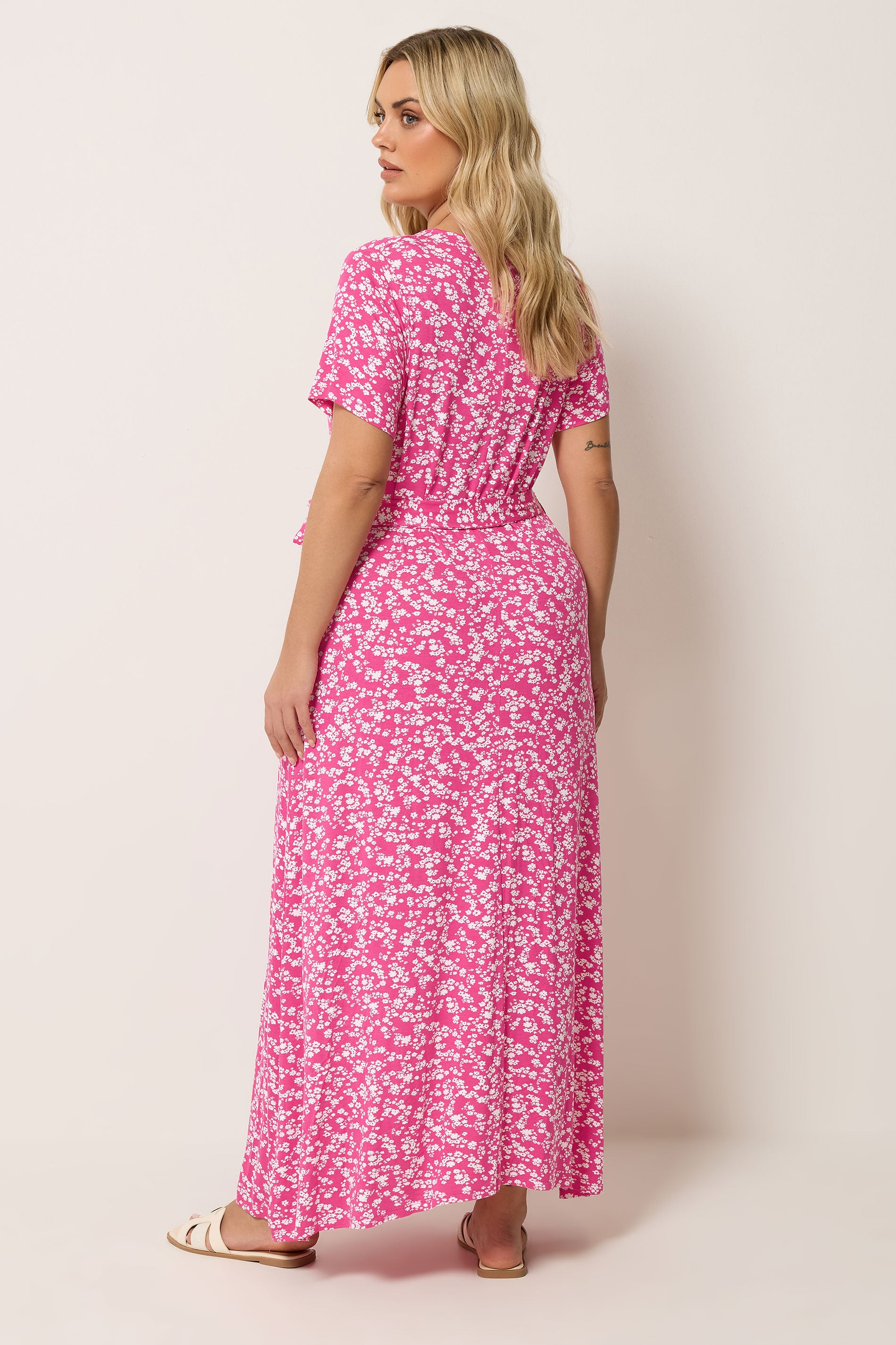 YOURS Plus Size Pink Ditsy Floral Wrap Front Dress | Yours Clothing 2