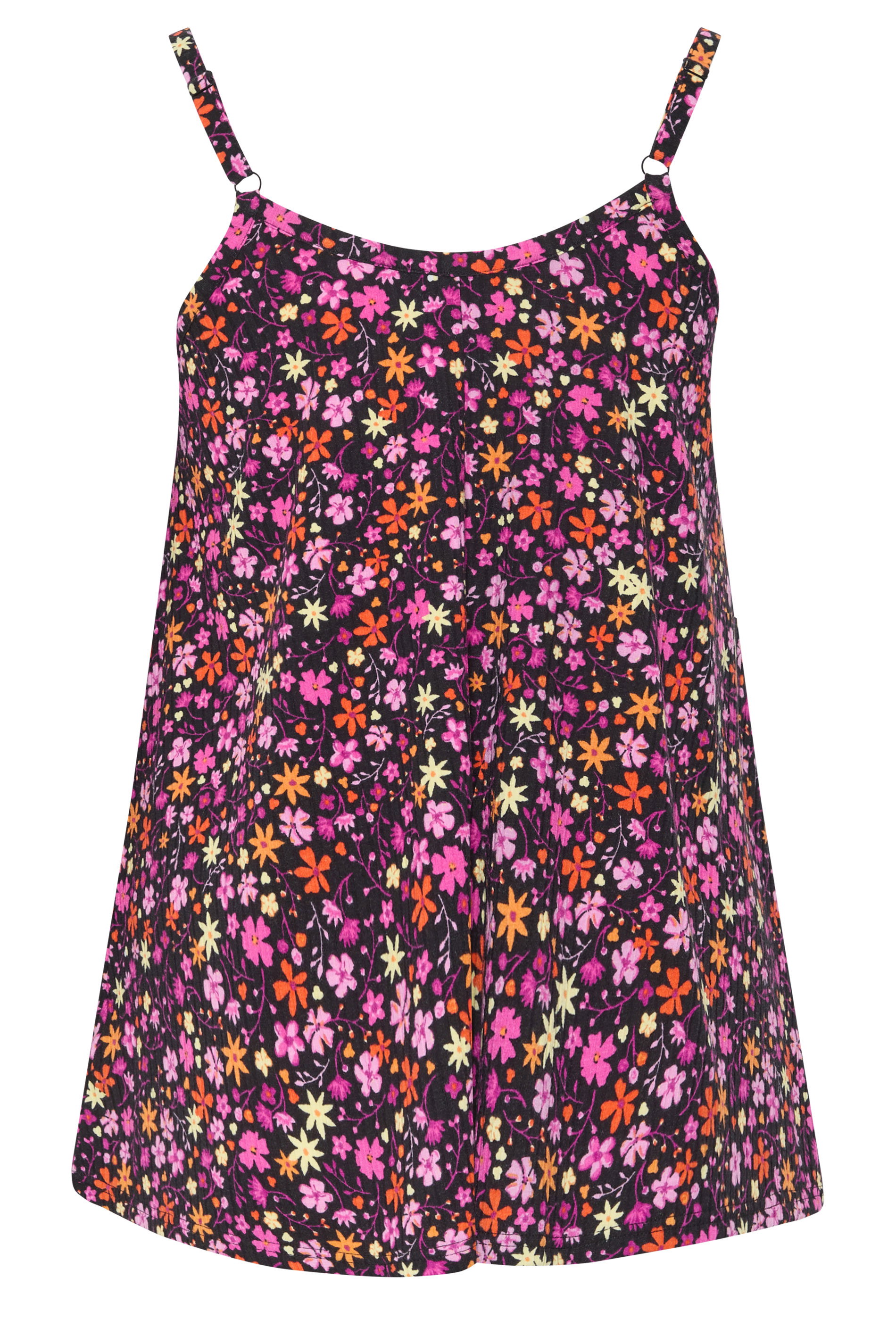 YOURS Plus Size Black & Pink Floral Ribbed Swing Vest Top | Yours Clothing 2