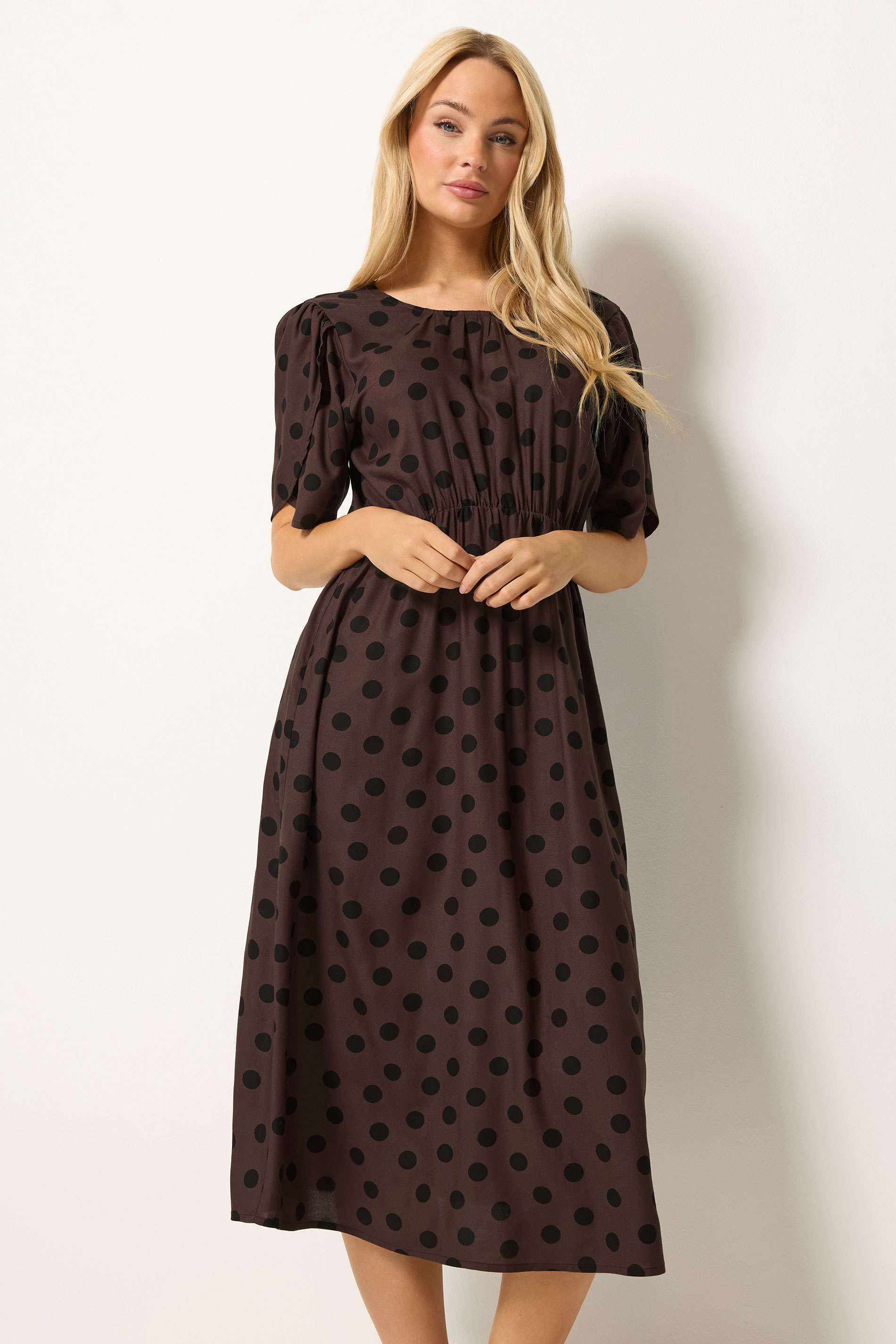 M&Co Brown Polka Dot Tulip Sleeve Dress | M&Co 3