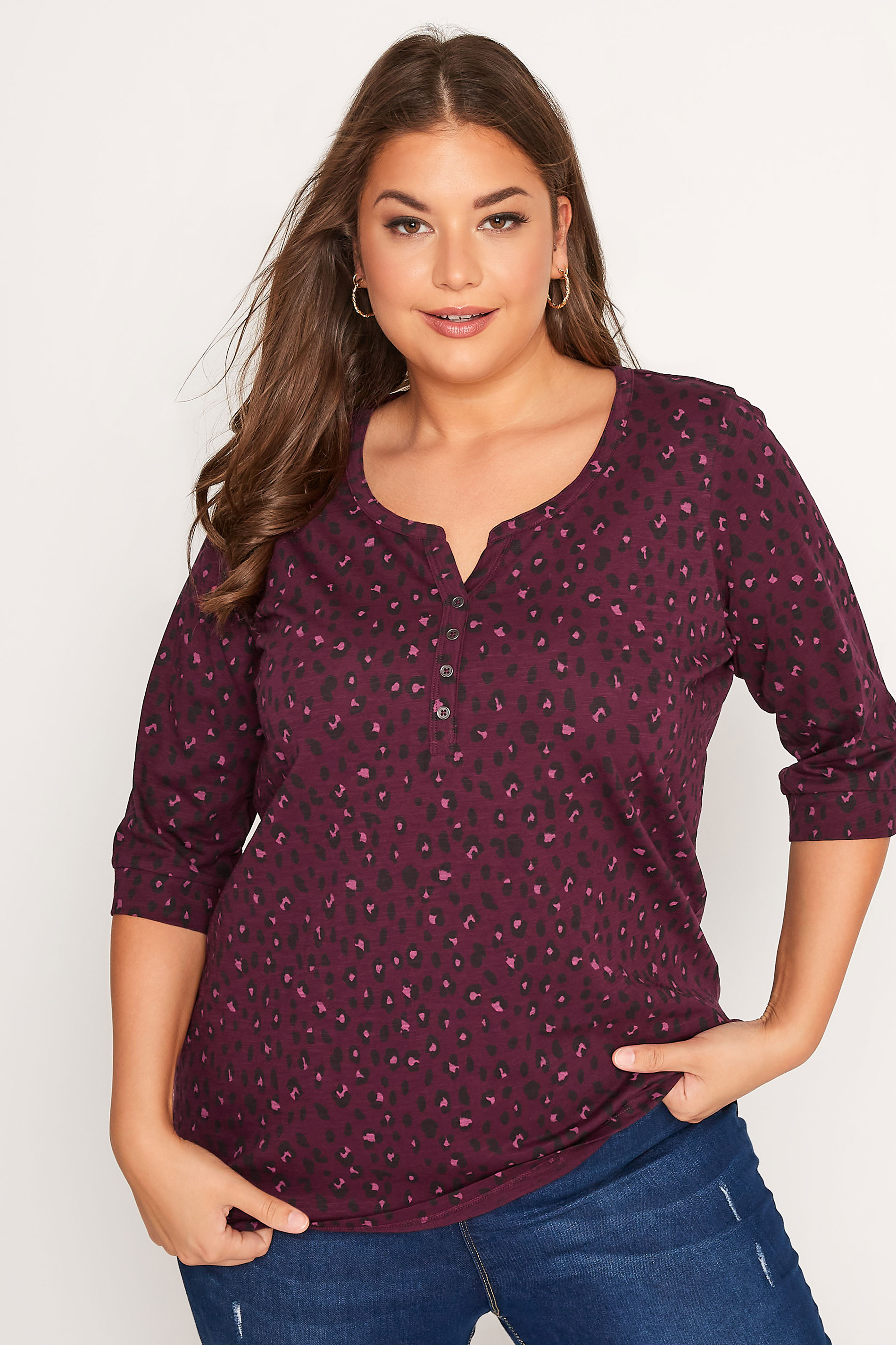 Curve Berry Red Leopard Print V-Neck Top 1